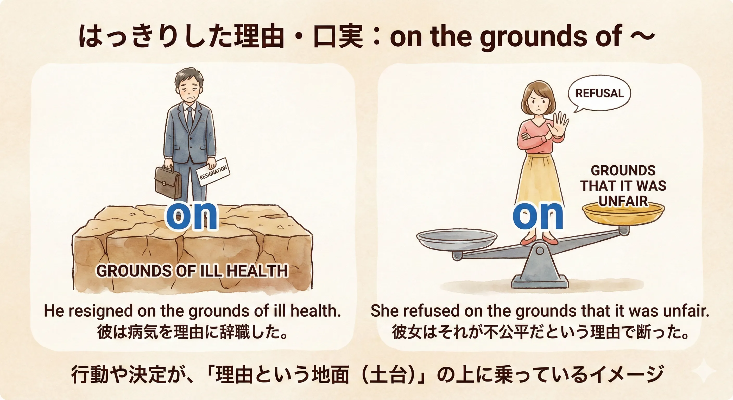 REASONS / GROUNDS と書かれた土台の上に、退職や決定のアイコンが乗っているイメージ図