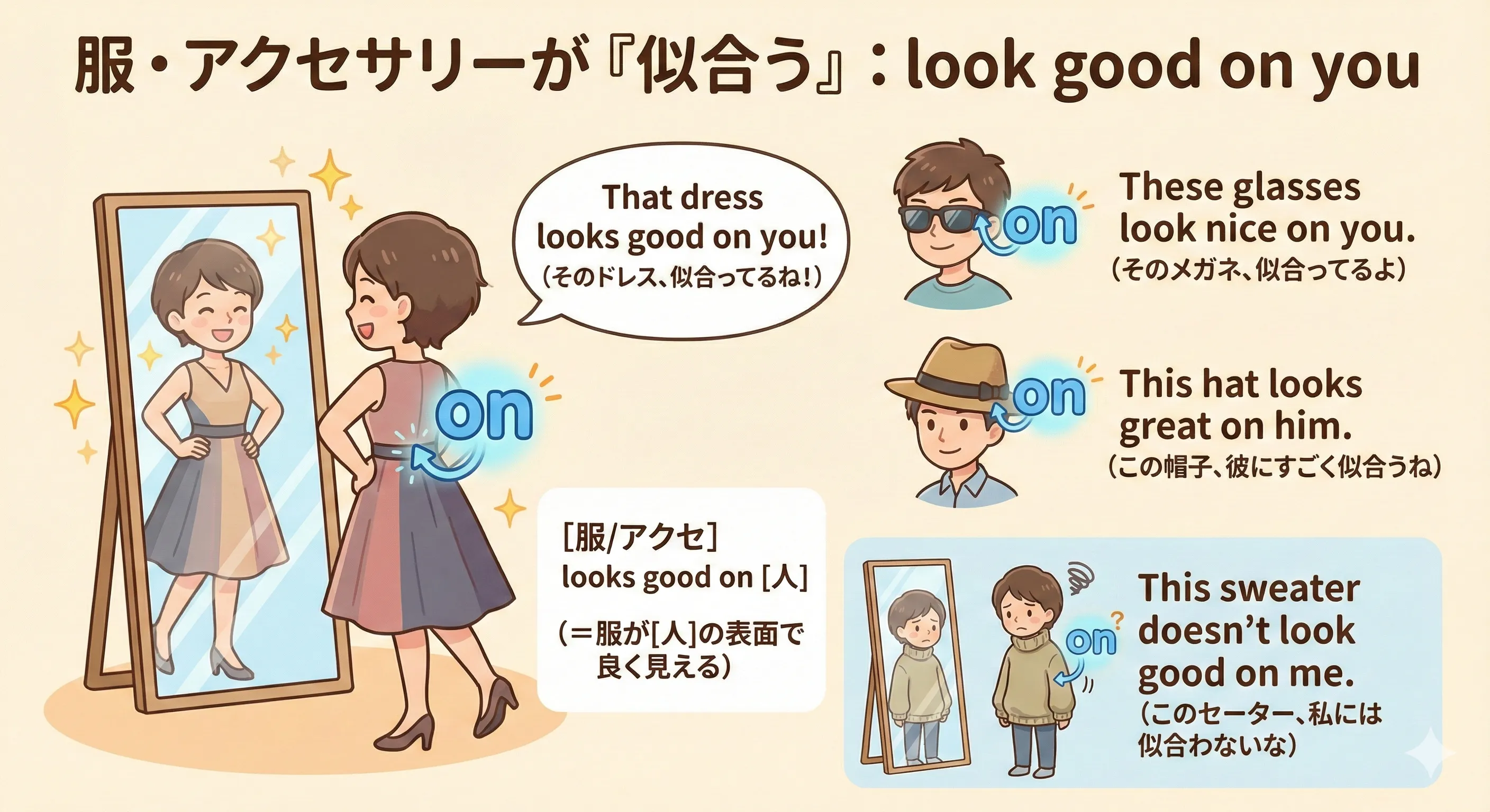 服やアクセサリーを身につけてよく似合っている人のイメージ：look good on you の図