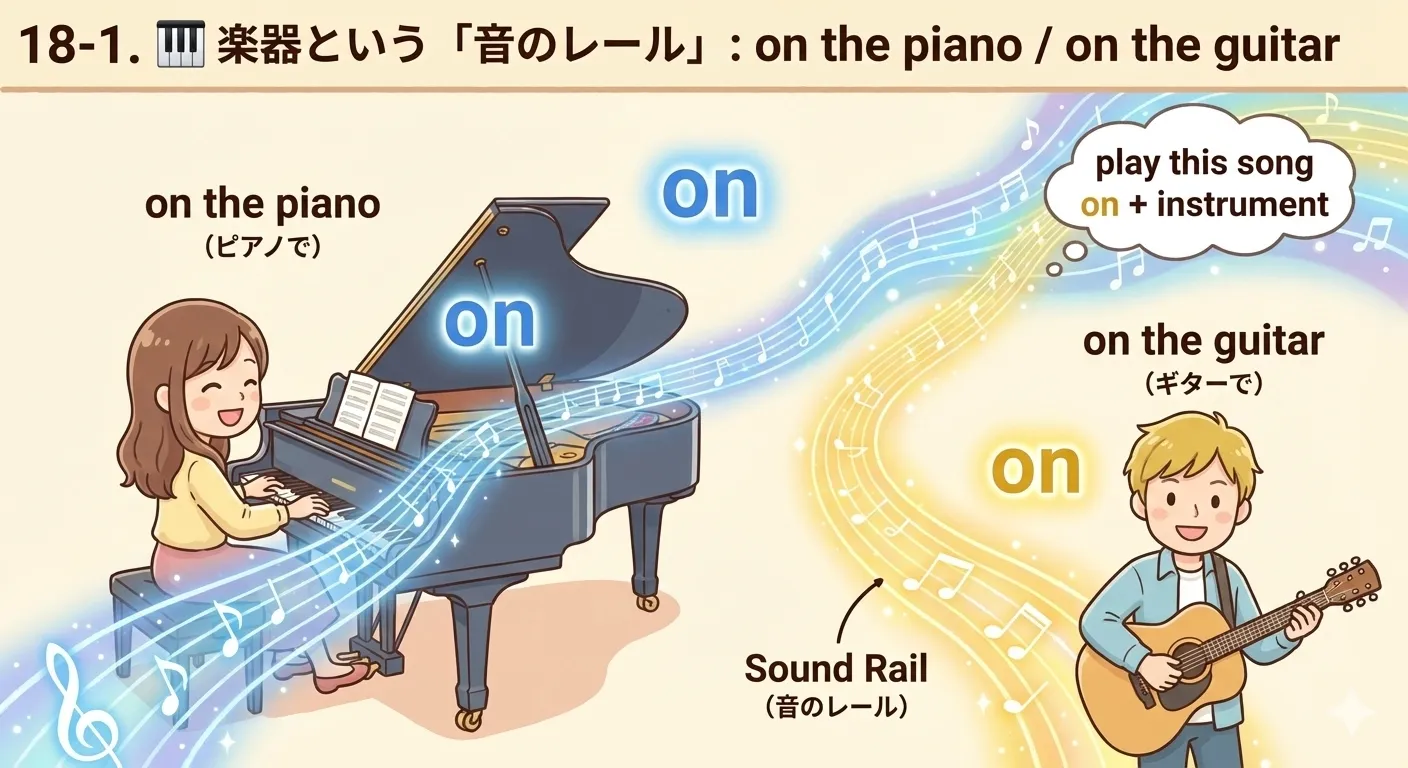 on the piano / on the guitar のイメージ図：楽器のレールの上を音が走っている様子