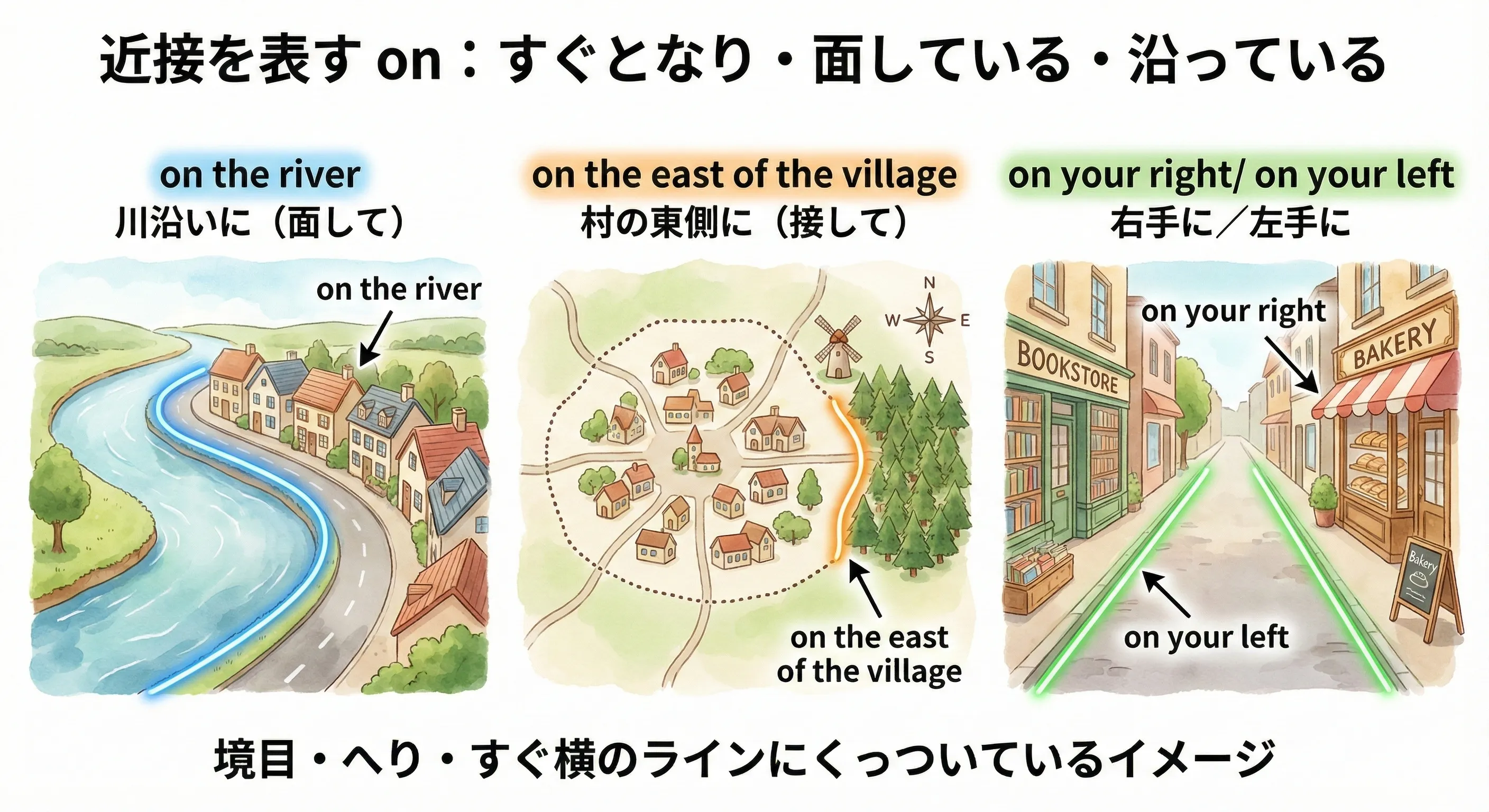 川沿いの街・町の東側・右手にある建物を示す on の近接イメージ図