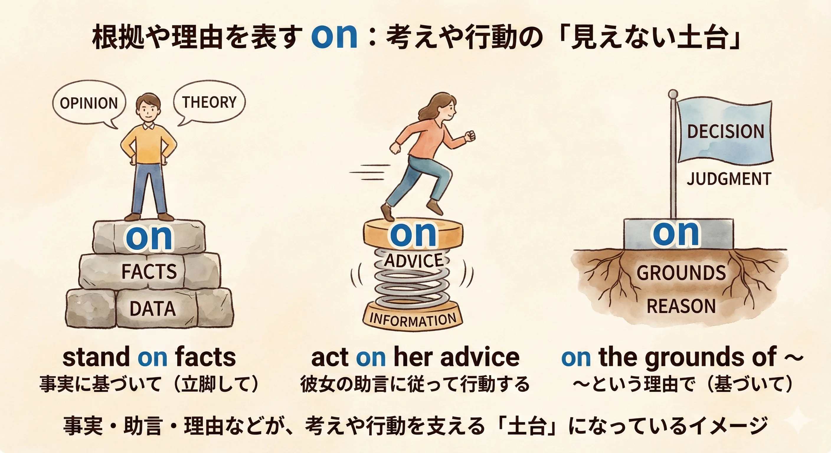 事実・アドバイス・理由などの土台の上に、証言や行動が乗っている on のイメージ図