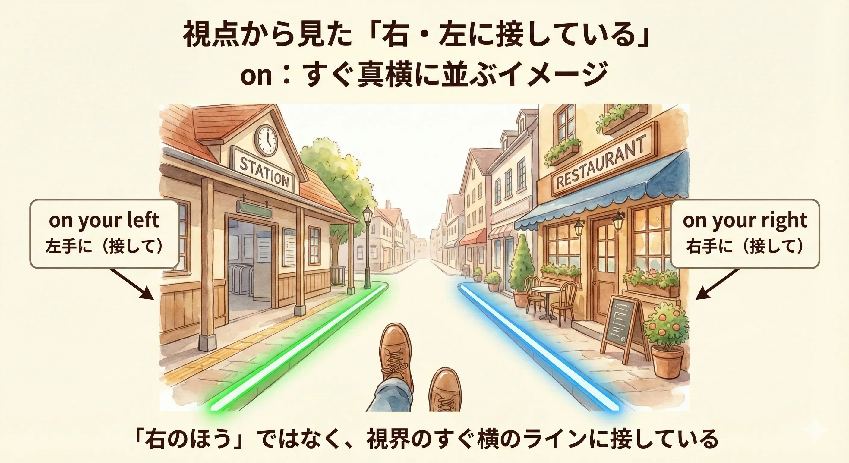 人の視点から見て右手と左手に建物が並んでいるイラスト：on your right / on your left のイメージ図