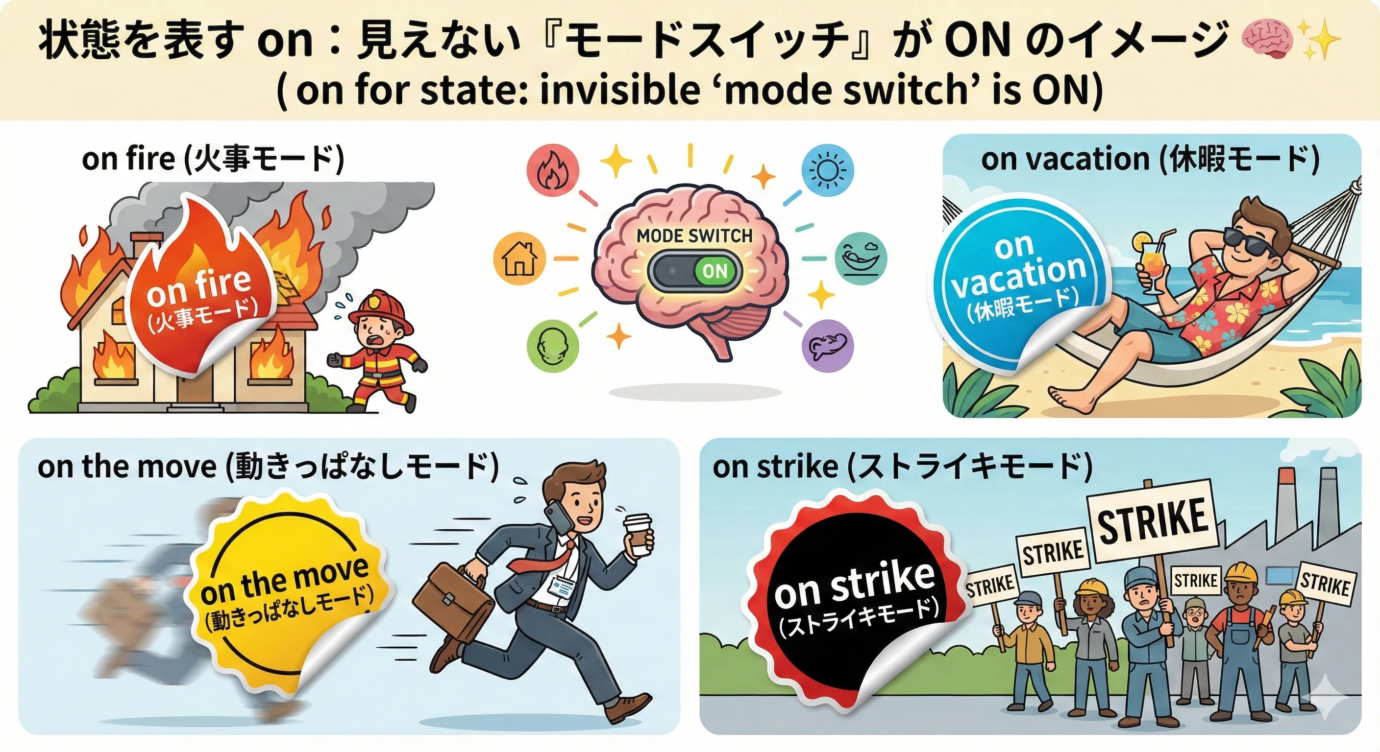 on fire / on vacation / on the move / on strike などの状態ラベルがスイッチONになっているイメージ図