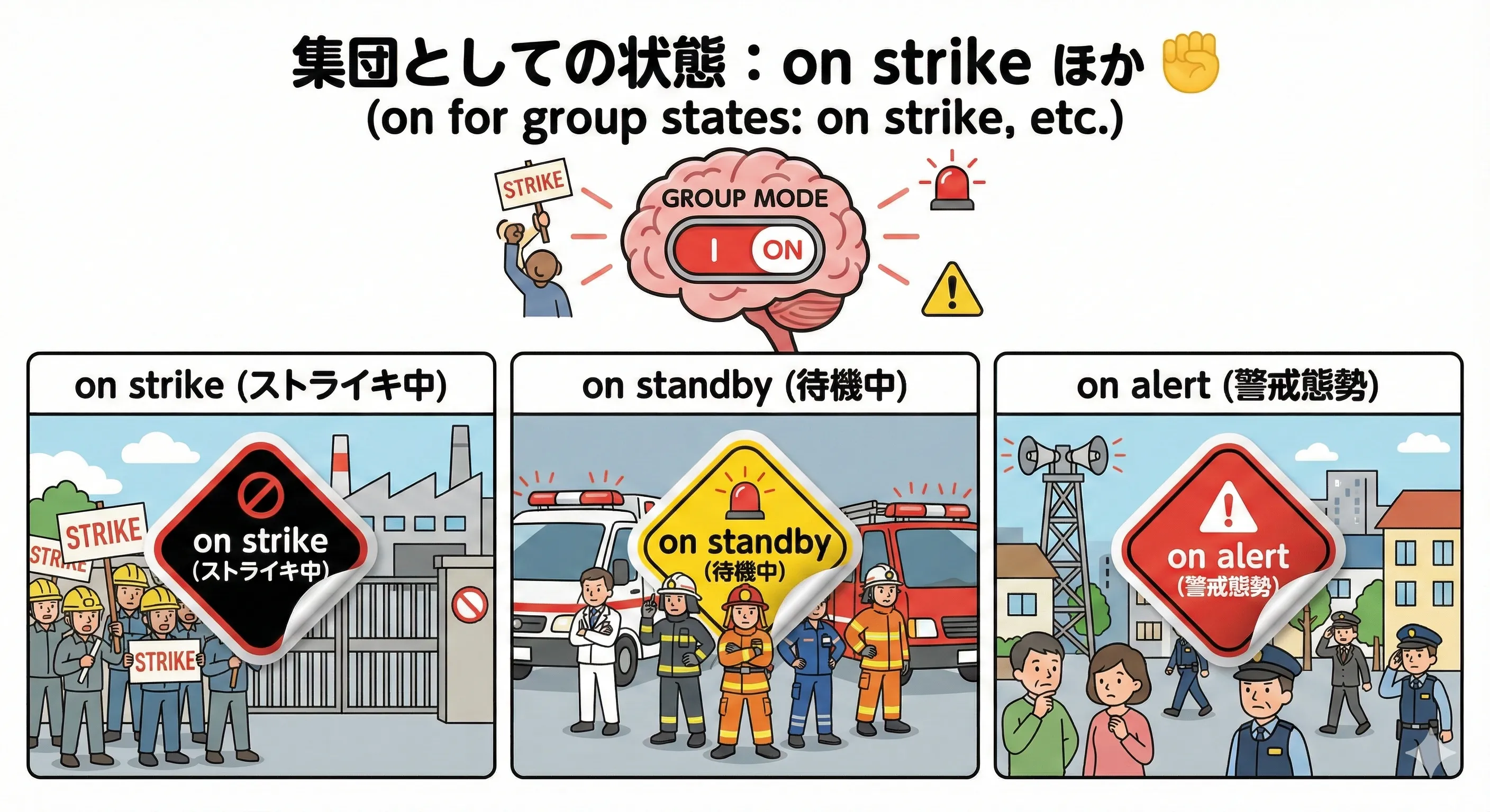 on strike：従業員がストライキ状態のレールに乗っているイメージ図