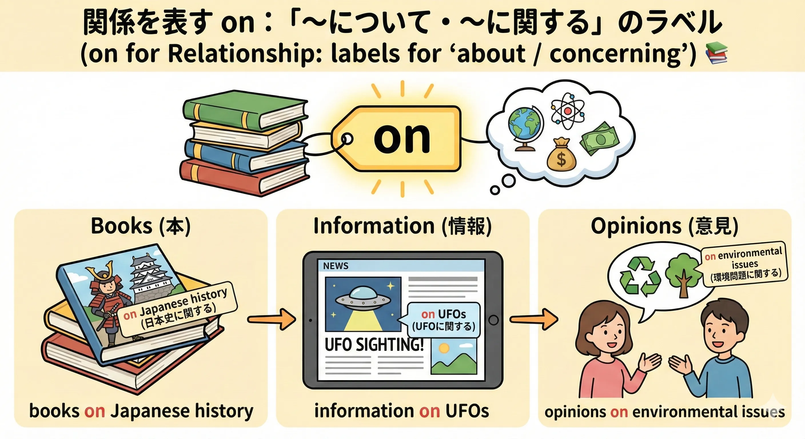 本や情報カードの表面に「on + テーマ」のラベルが貼られているイメージ図