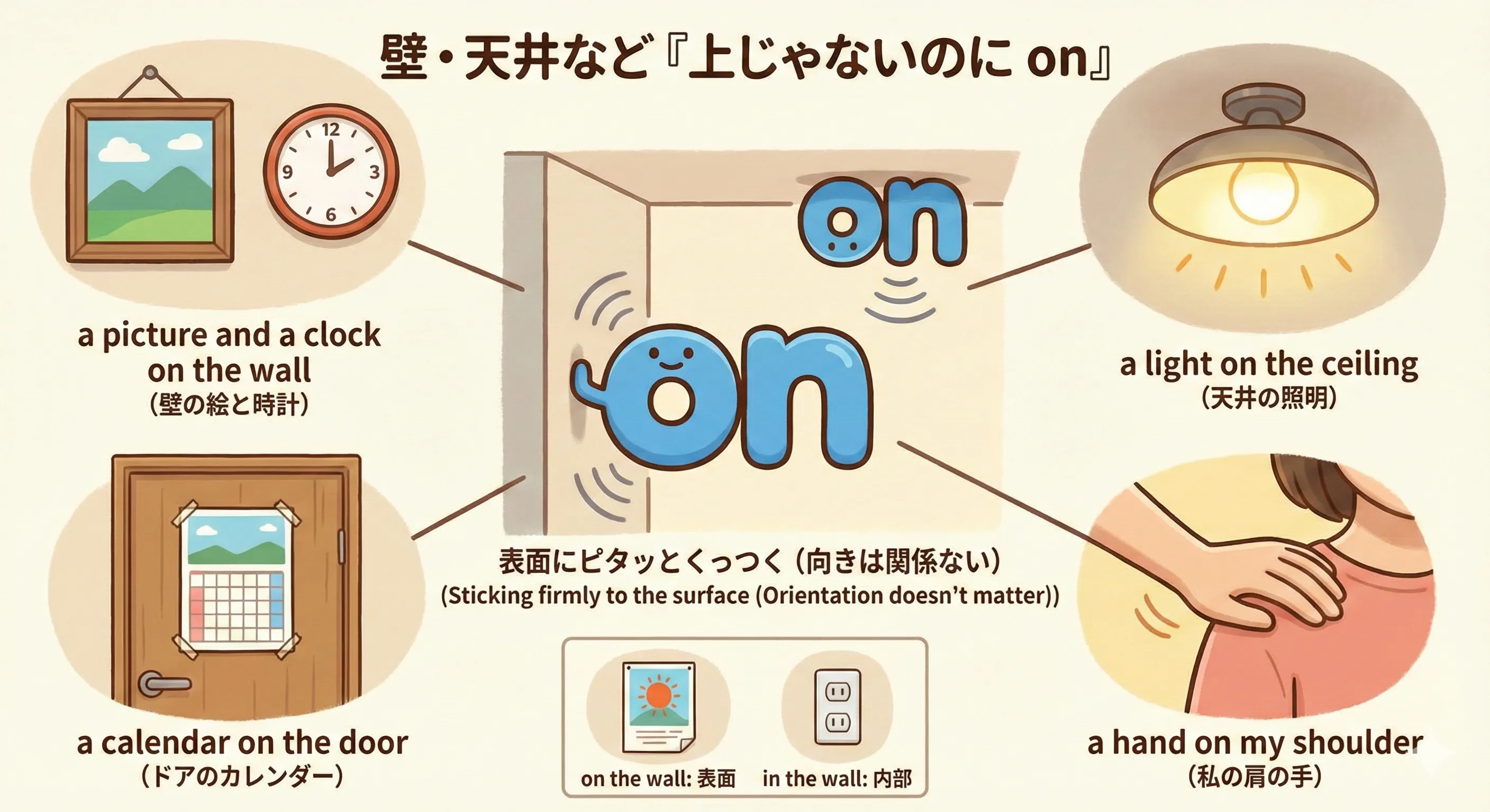 壁や天井の表面に絵やライトがくっついている on のイメージ図