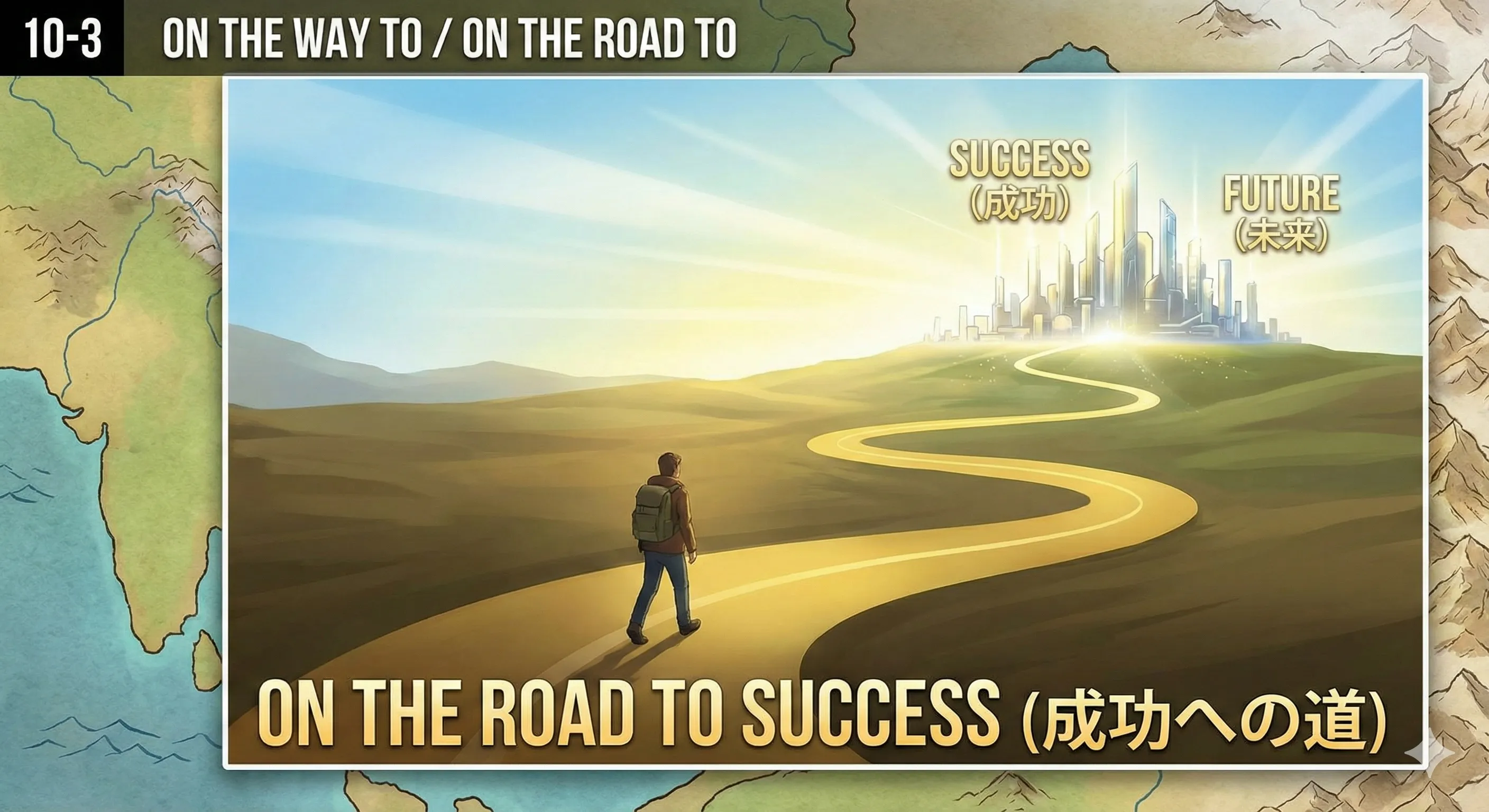 山の上のゴールに向かう曲がりくねった道の上を進む人：on the way to / on the road to のイメージ図