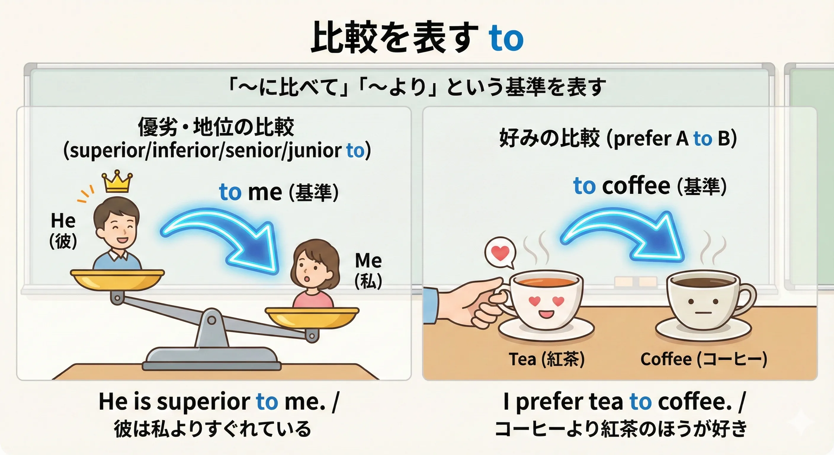 左右に A と B があり、B を基準に superior to / prefer A to B などの矢印が向かっている比較イメージ図