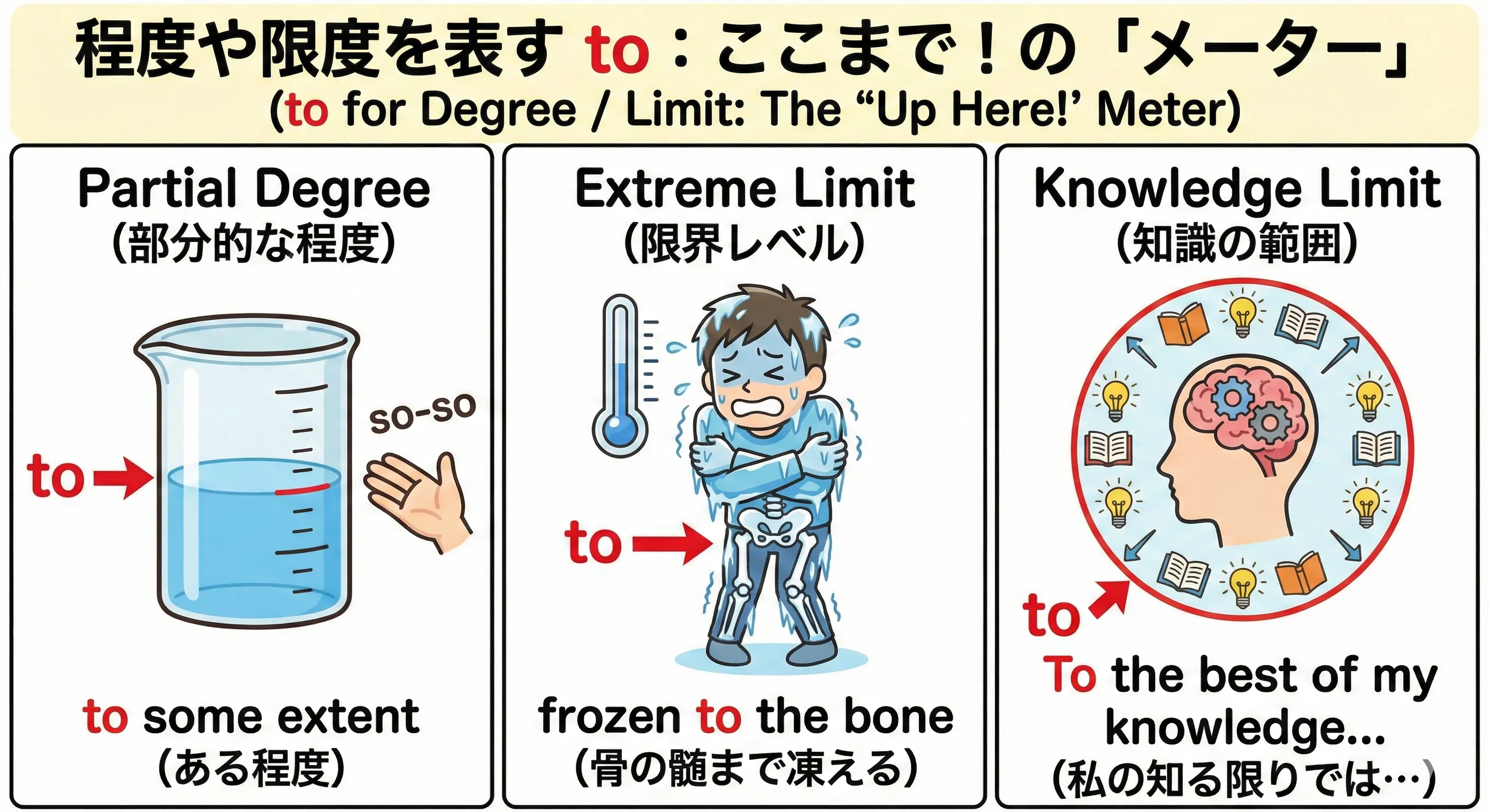 程度メーターや温度計が0から100まで伸びていき、途中や限界をtoで示しているイメージ図