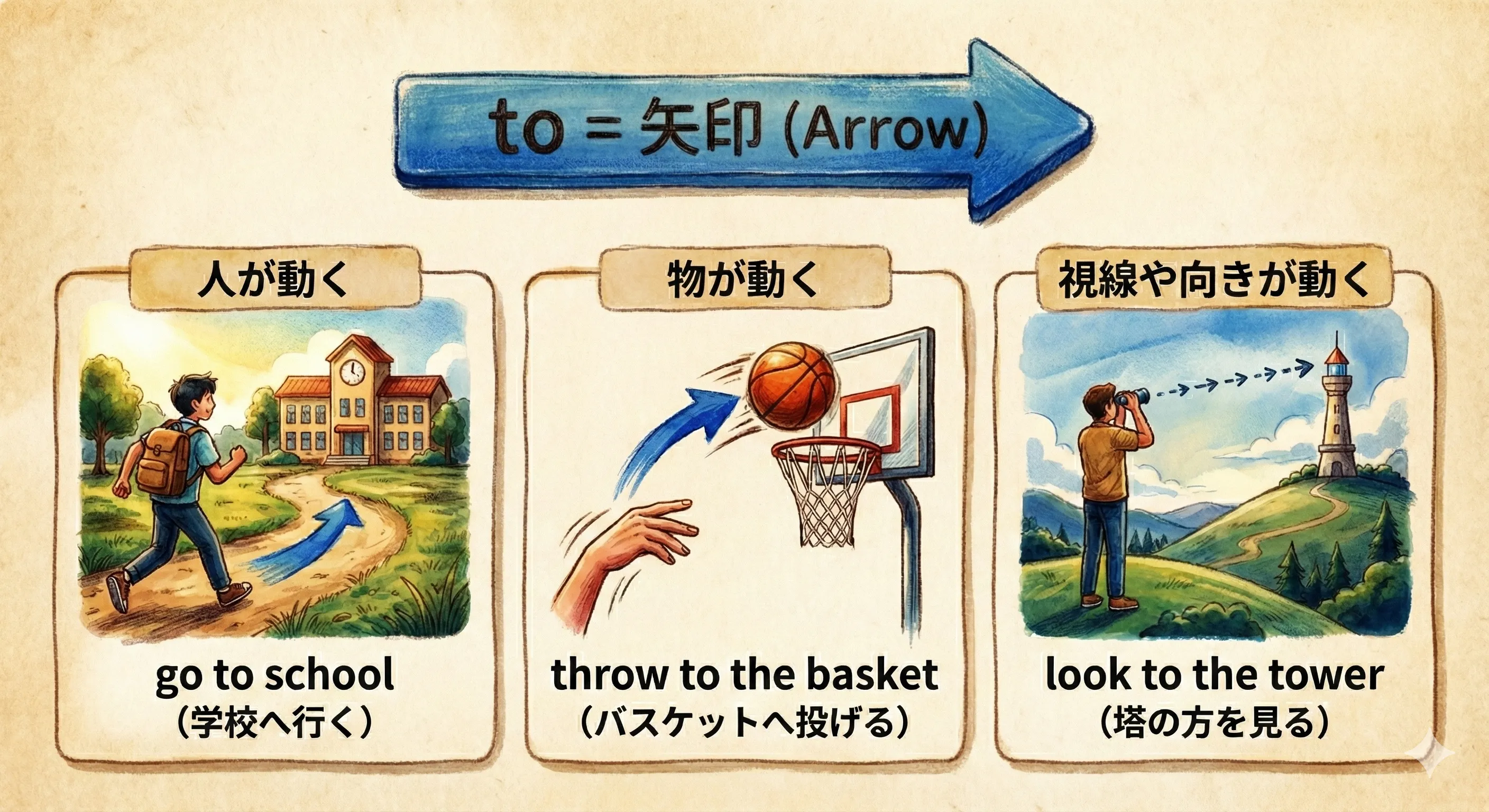 前置詞 to のイメージ：家から学校へ向かう矢印（go to school）