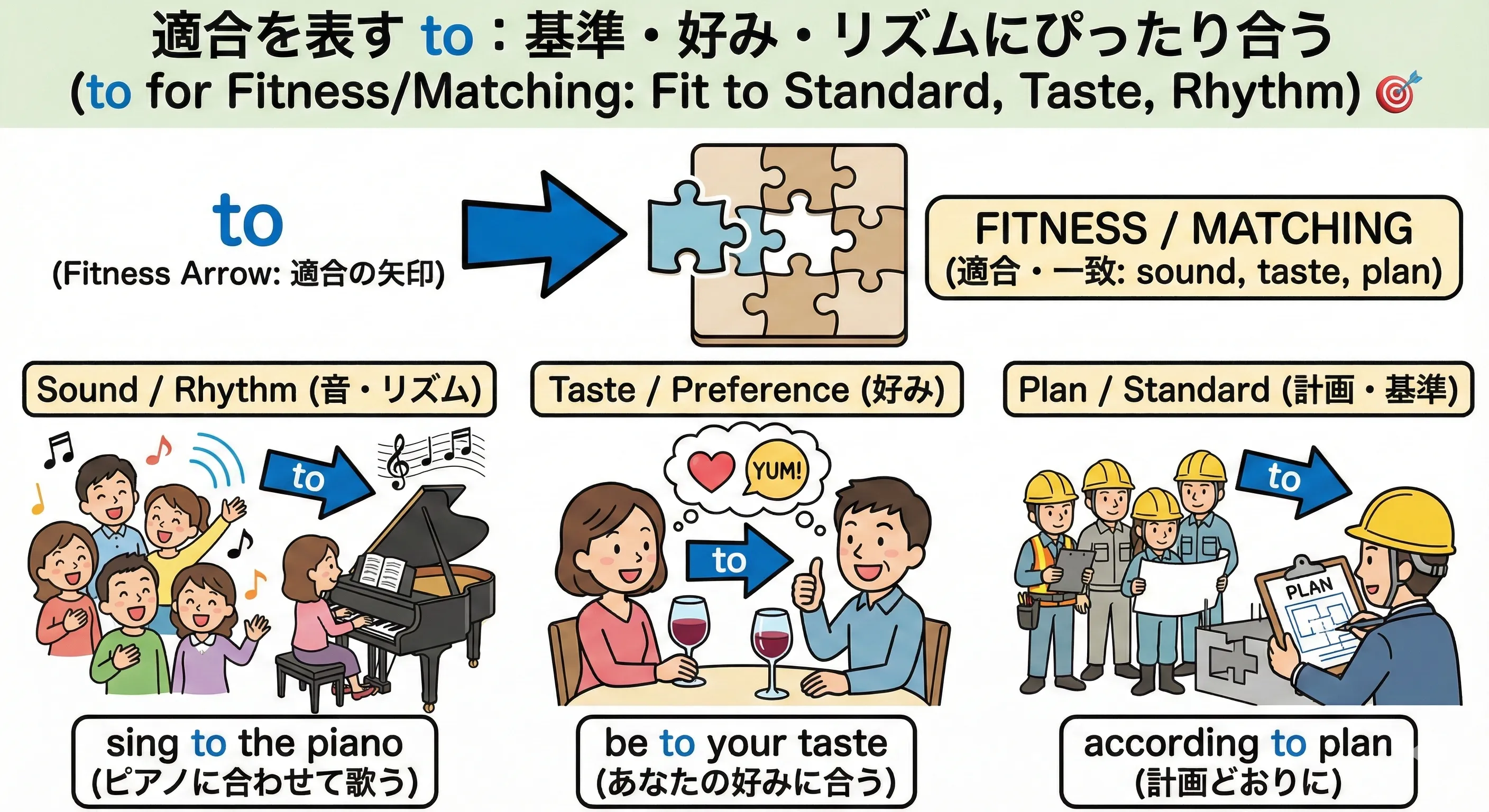 音楽に合わせて歌う人、好みに合うワイン、計画書どおりに進むプロジェクトなどが矢印toで基準にフィットしているイメージ図