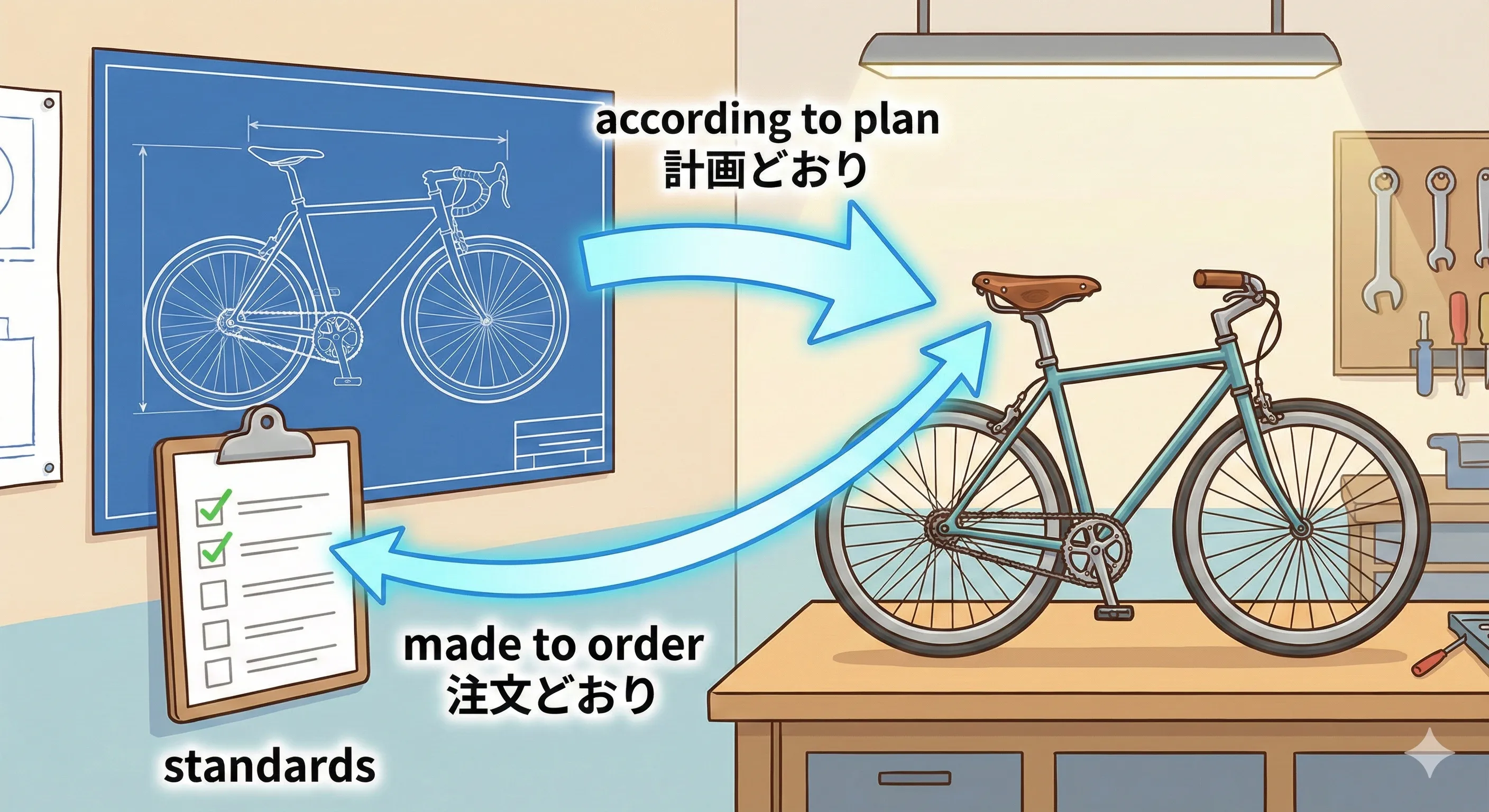 計画書・カレンダー・注文書があり、矢印toでスーツやプロジェクト・チェックマークが基準どおりにフィットしているイメージ図