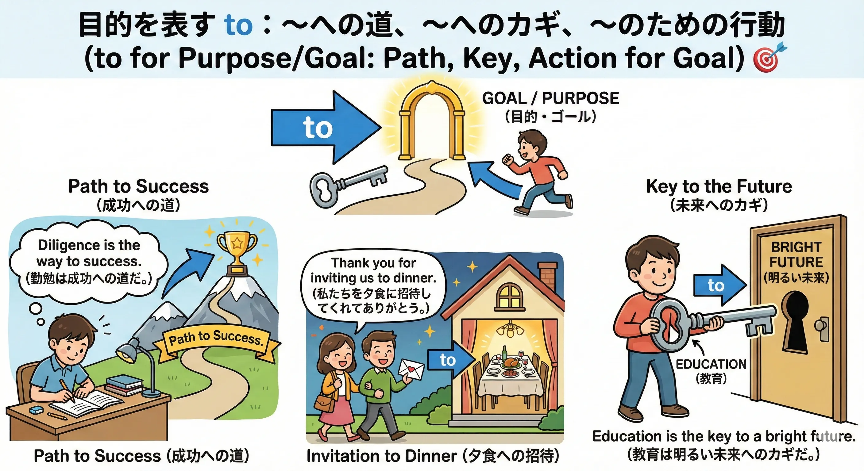 成功や幸せと書かれたゴールに向かってtoの矢印が伸びている、目的を表すtoのイメージ図