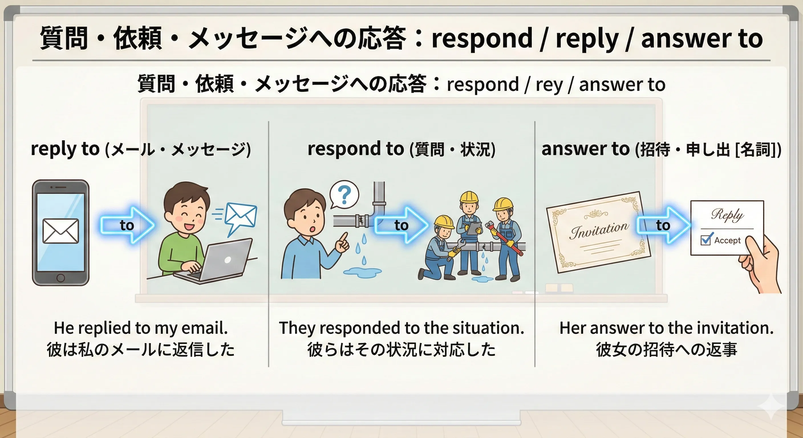 スマホのチャット画面に通知が来て、respond to や reply to をイメージさせる会話が表示されている図