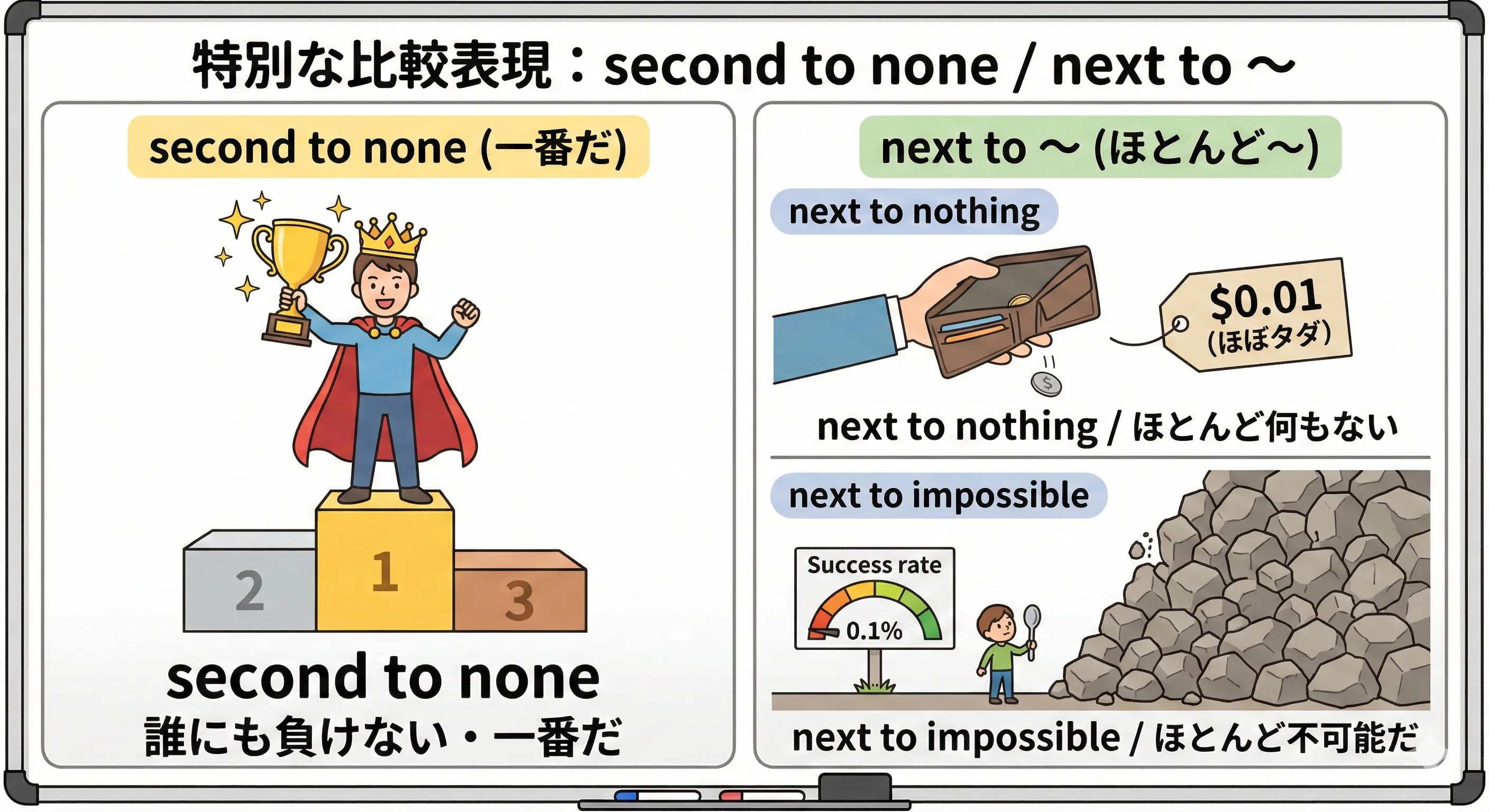 クラウンが載ったNo.1トロフィーと、ほとんど空っぽの財布などが並び、second to none と next to nothing をイメージした図