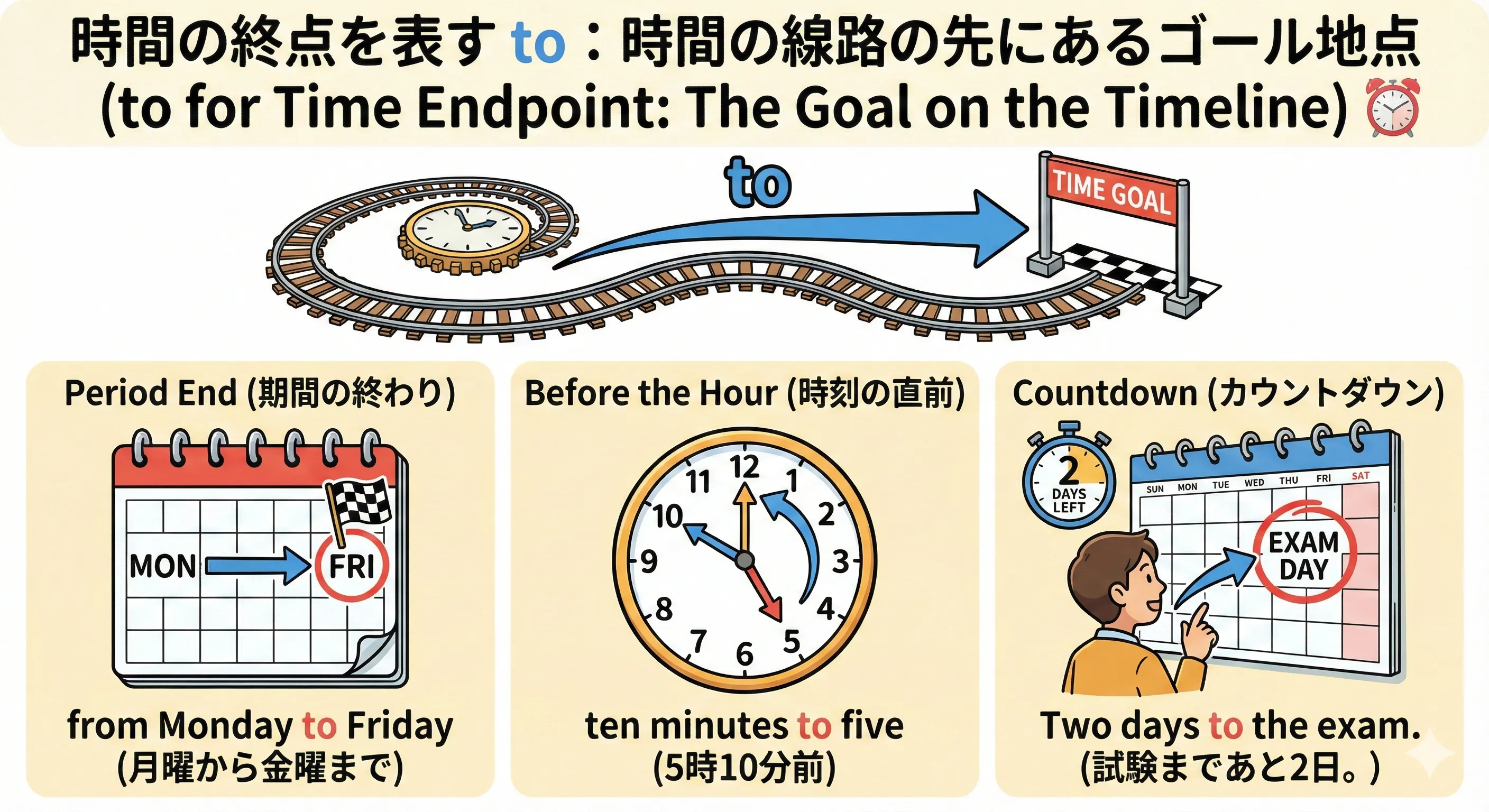時間の線に沿って今からゴール時刻やイベントの日付に矢印が伸びている、時間の終点を表すtoのイメージ図