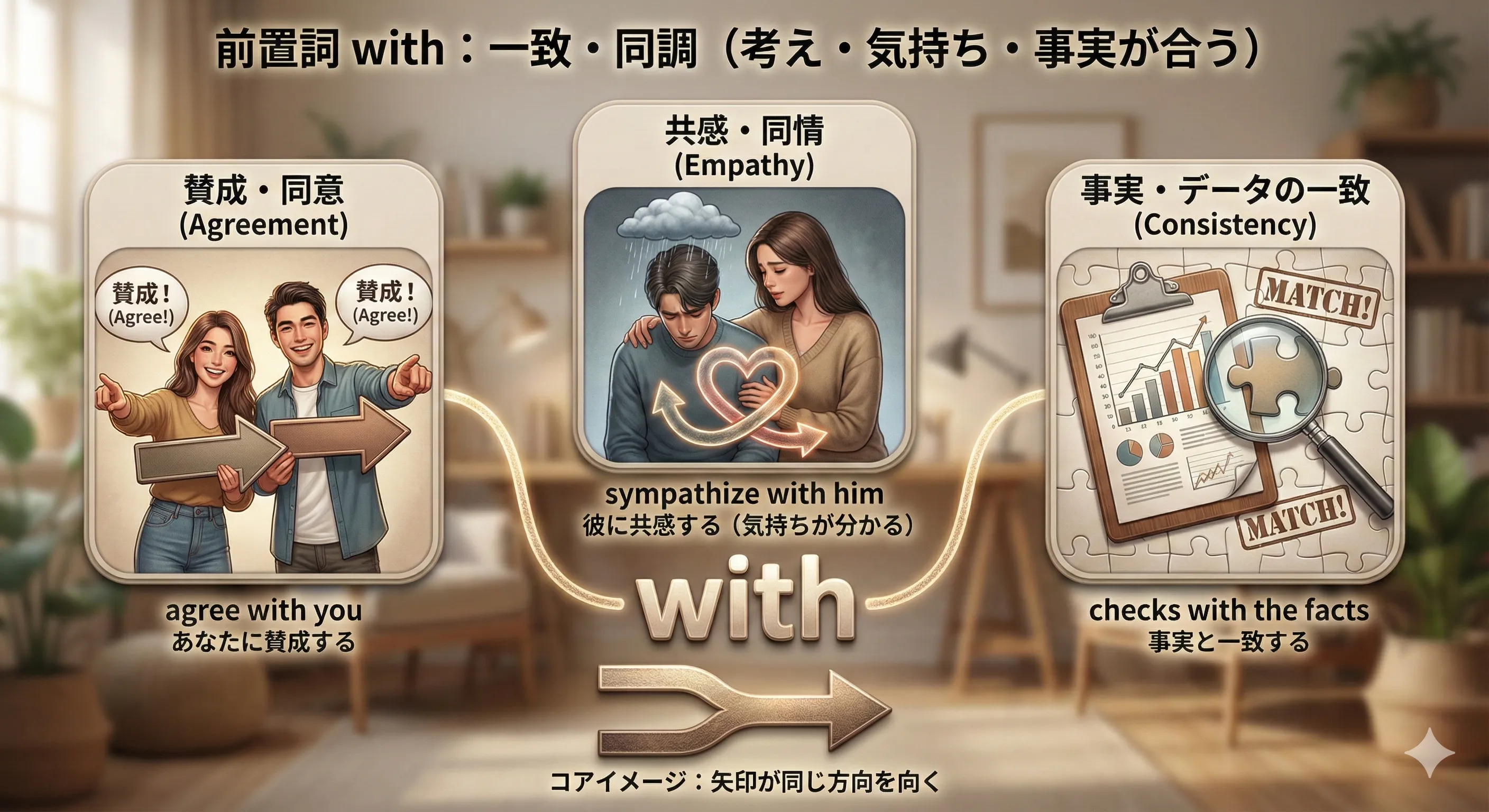 with の一致・同調イメージ（会議で同意して頷く人たちと、同じ方向を向く矢印のイラスト）