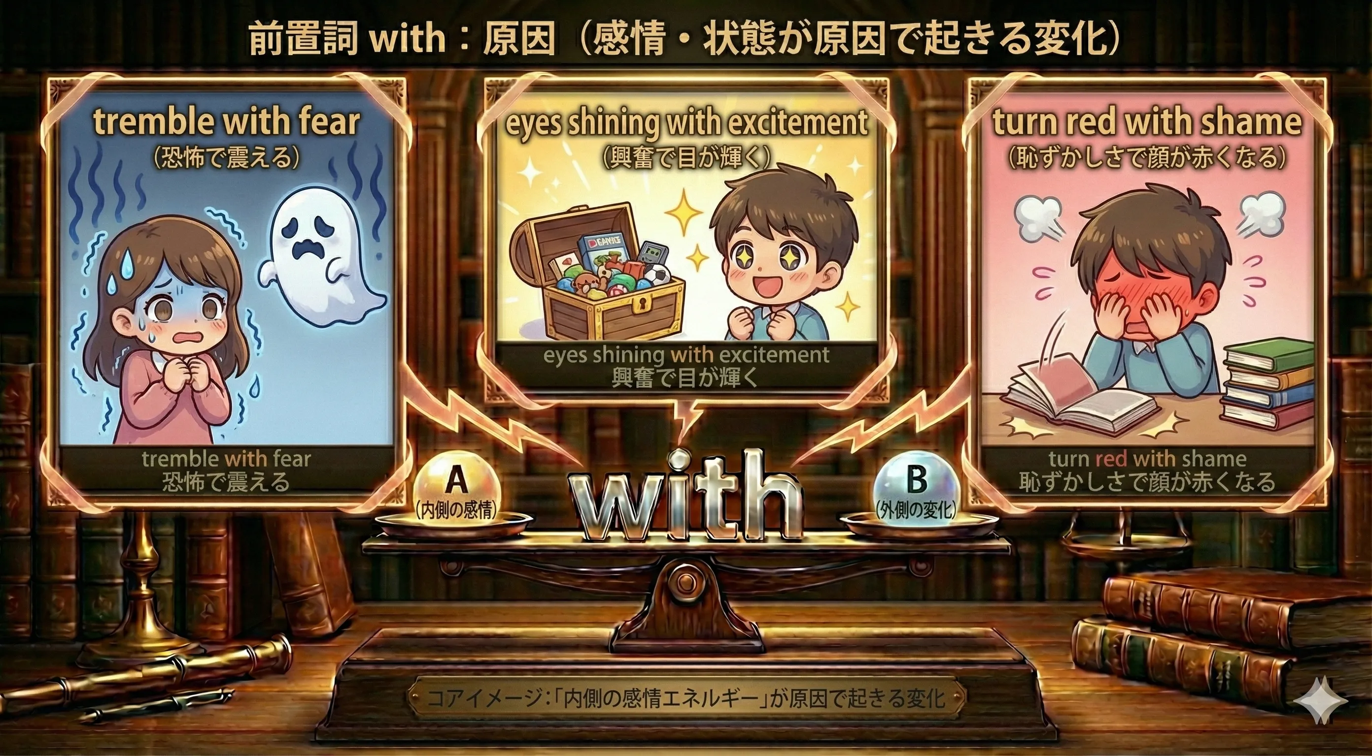 怒りで震える人、恥ずかしさで赤くなる人、ワクワクで目が輝く人など、感情が原因で起こる変化を表す with のイメージ図