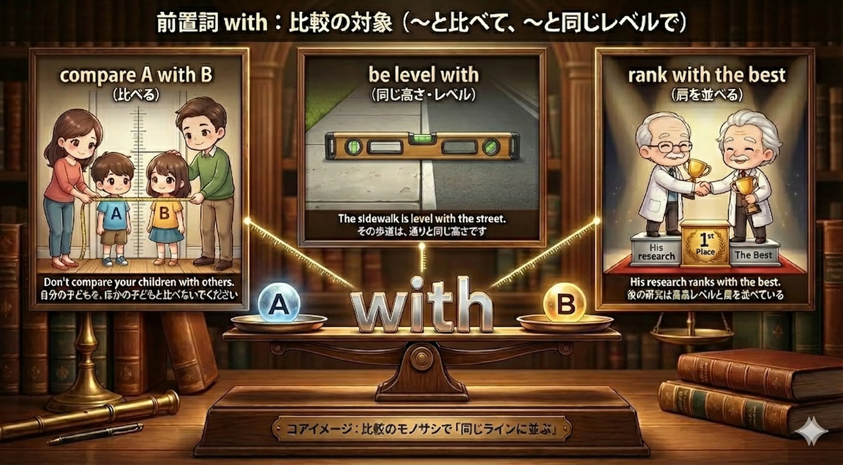 with の比較イメージ：2本の棒グラフを並べて、同じ高さかどうかを比べているイラスト