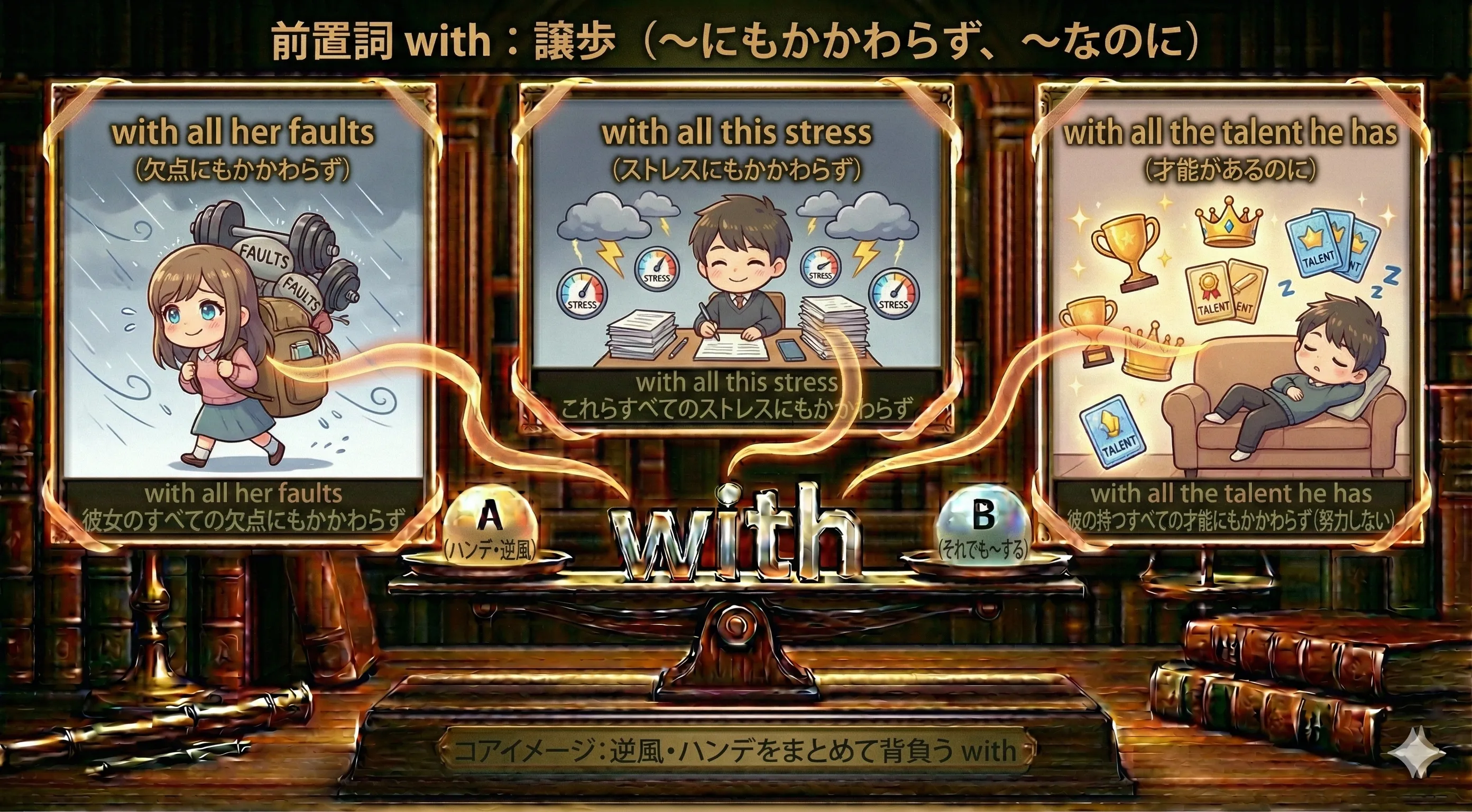 欠点やハンデという逆風を背負いながら前に進む人物と、ハートマークで好意を示すイメージ図