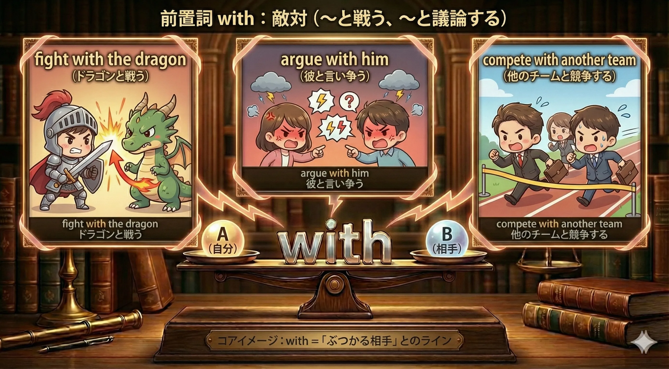 向かい合って意見をぶつけ合う2人と、その間を with が結んでいるイメージ図