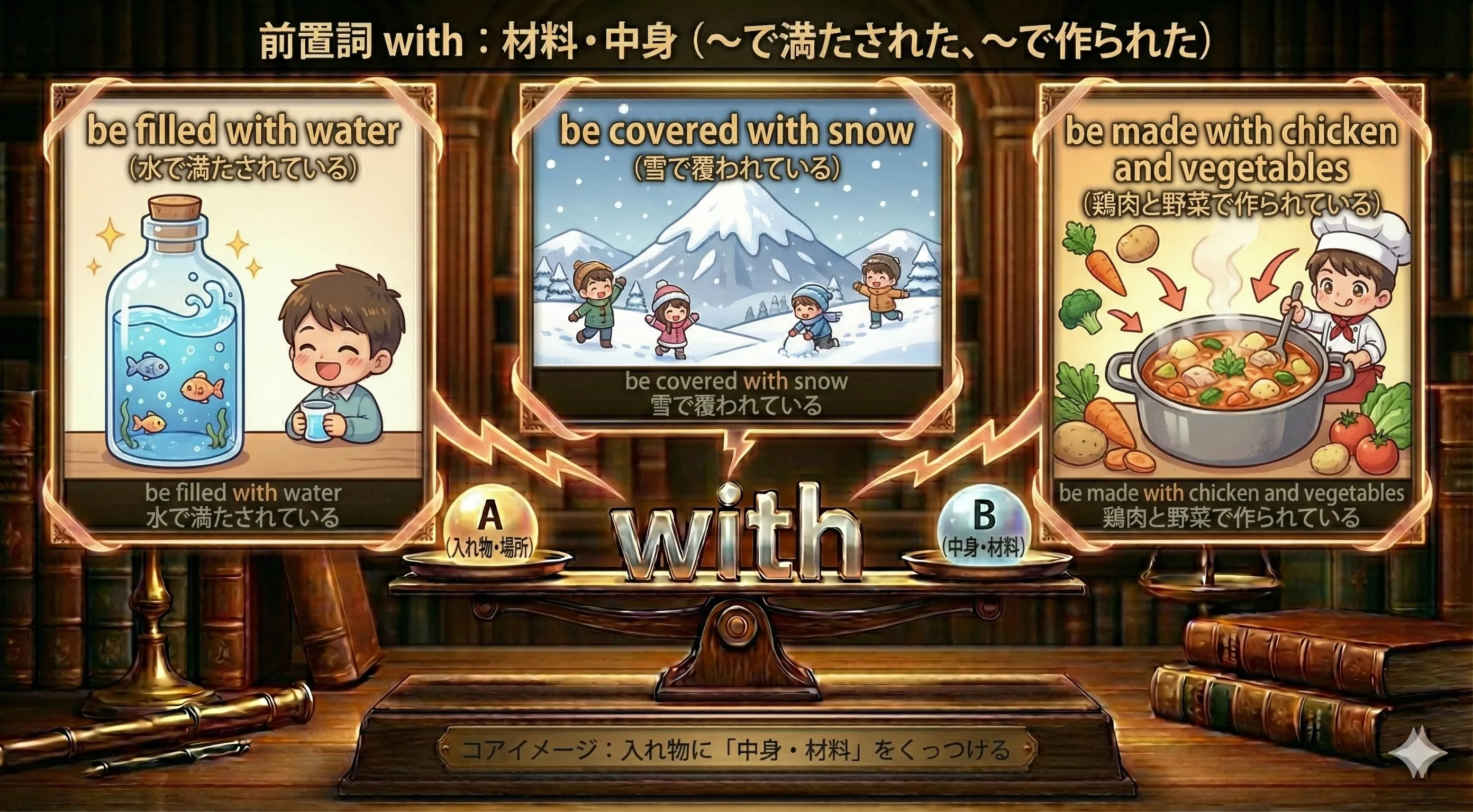 水で満たされたボトル、雪におおわれた山、具材たっぷりのスープなど「中身・材料」を表す with のイメージ図