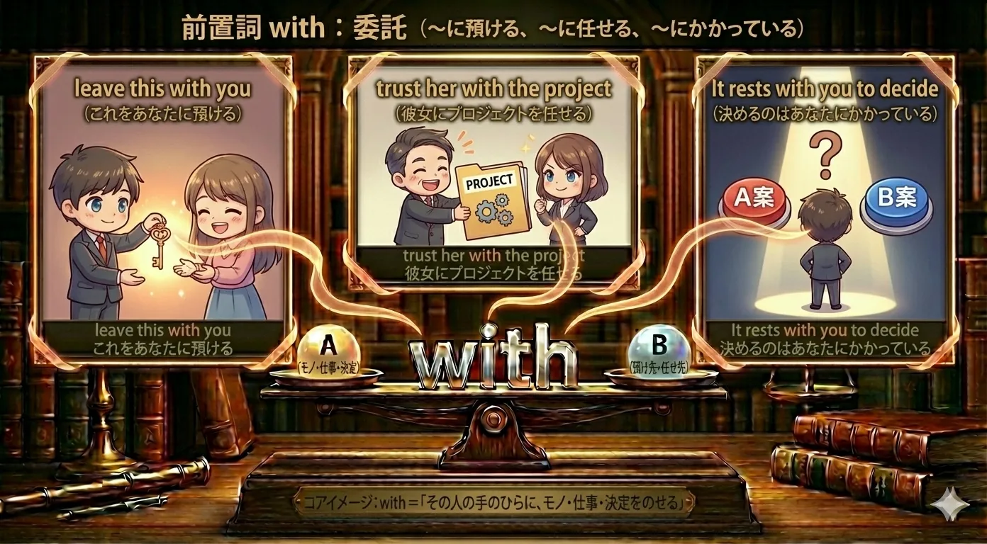 荷物を受付に預ける人・書類を専門家に渡す人・決定をメンバーに任せる場面など、委託を表す with のイメージ図