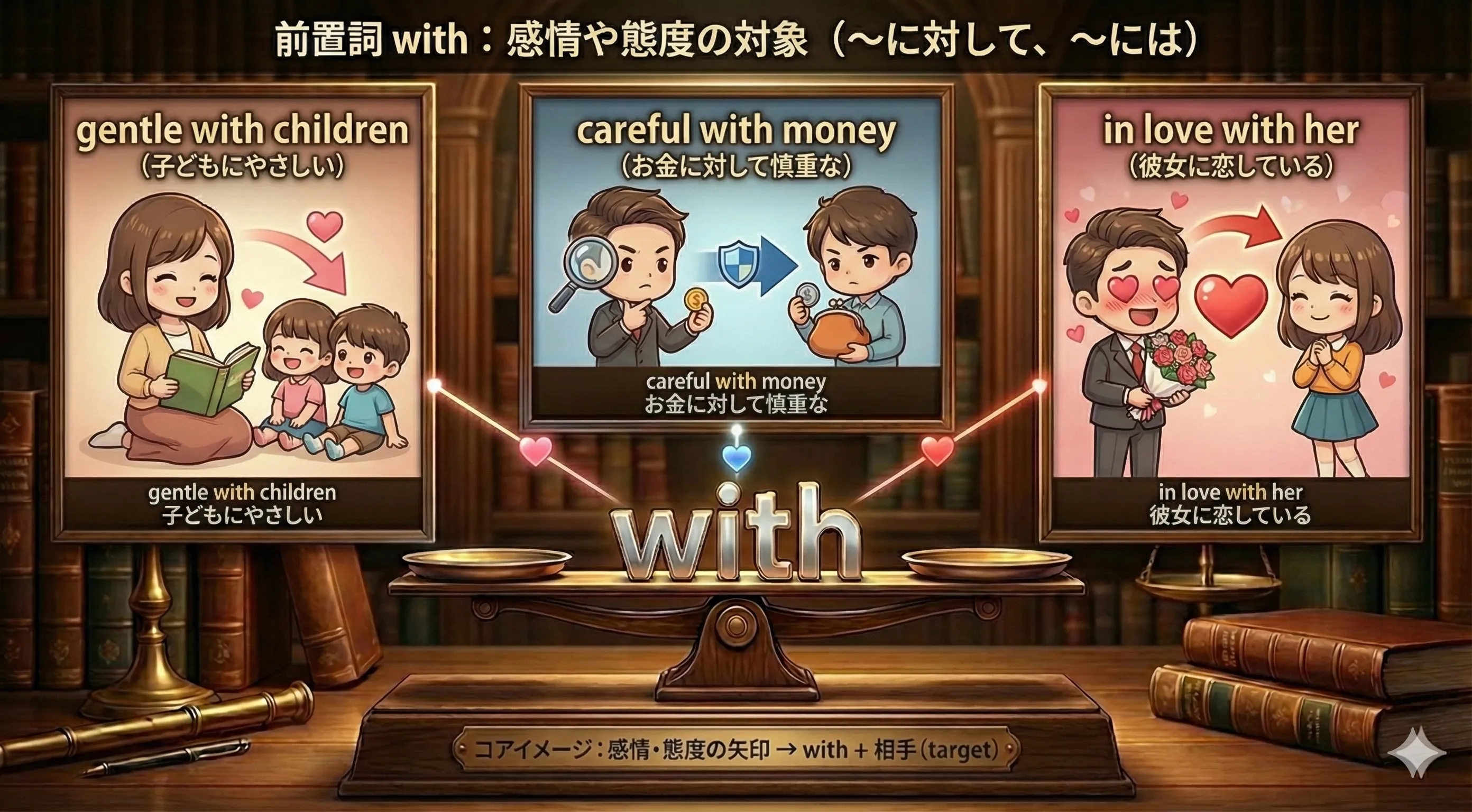 子どもにやさしく接する大人、お金に慎重な人、誰かに恋している人のイメージ図