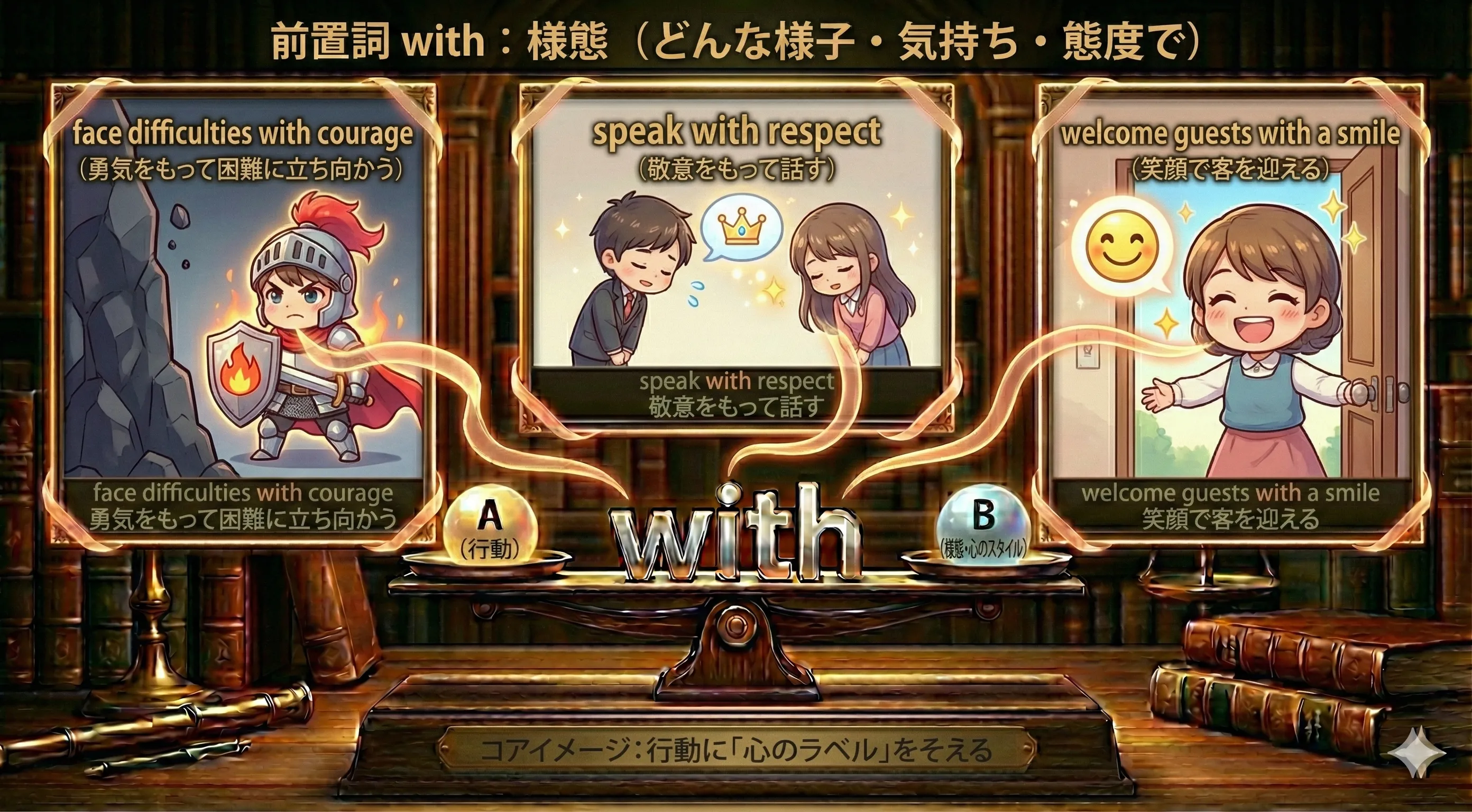 勇気を持って進む人・笑顔で話す人・ていねいに仕事をする人など、行動の様態を表す with のイメージ図