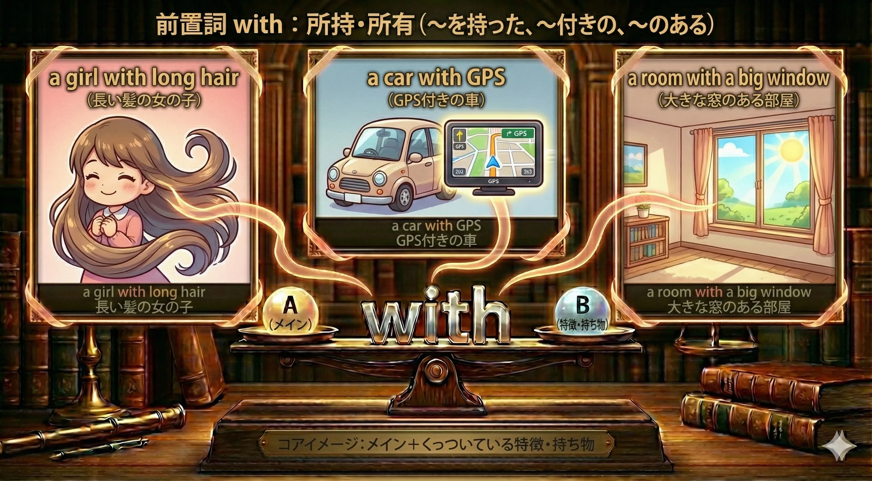 長い髪の女の子、大きな窓のある部屋、ポケットがたくさんあるカバンなど、with で表す「〜付き」のイメージ図