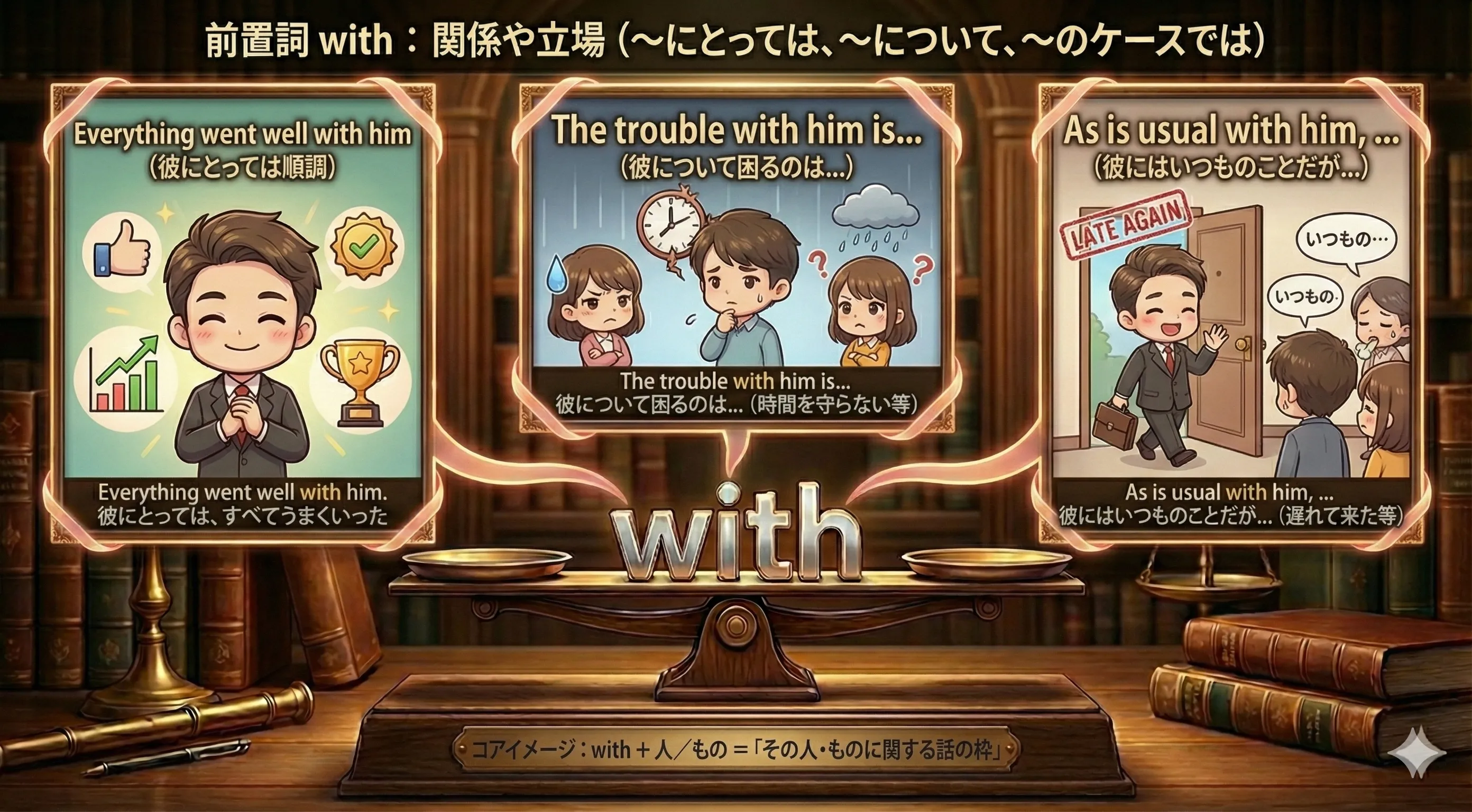 同じ出来事でも、人によって「うまくいった／大変だった」の枠が違うイメージ図（それぞれに with のラベルがついている）