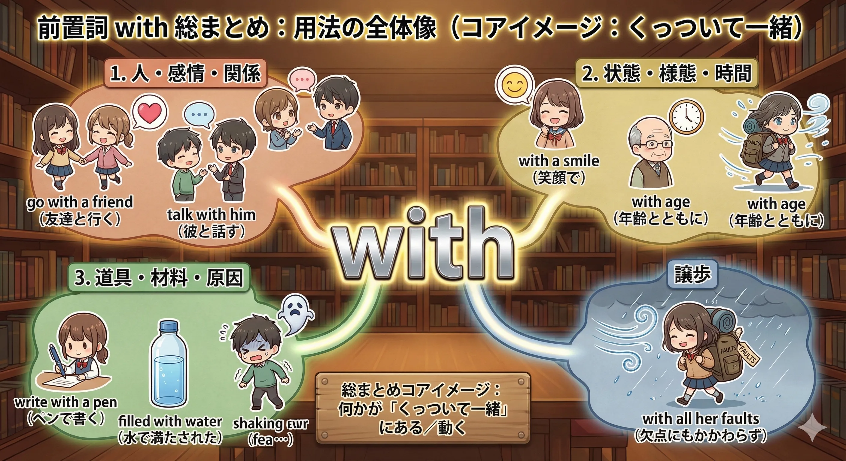 人を中心に、人・道具・材料・感情などが with で線につながっているイメージ図