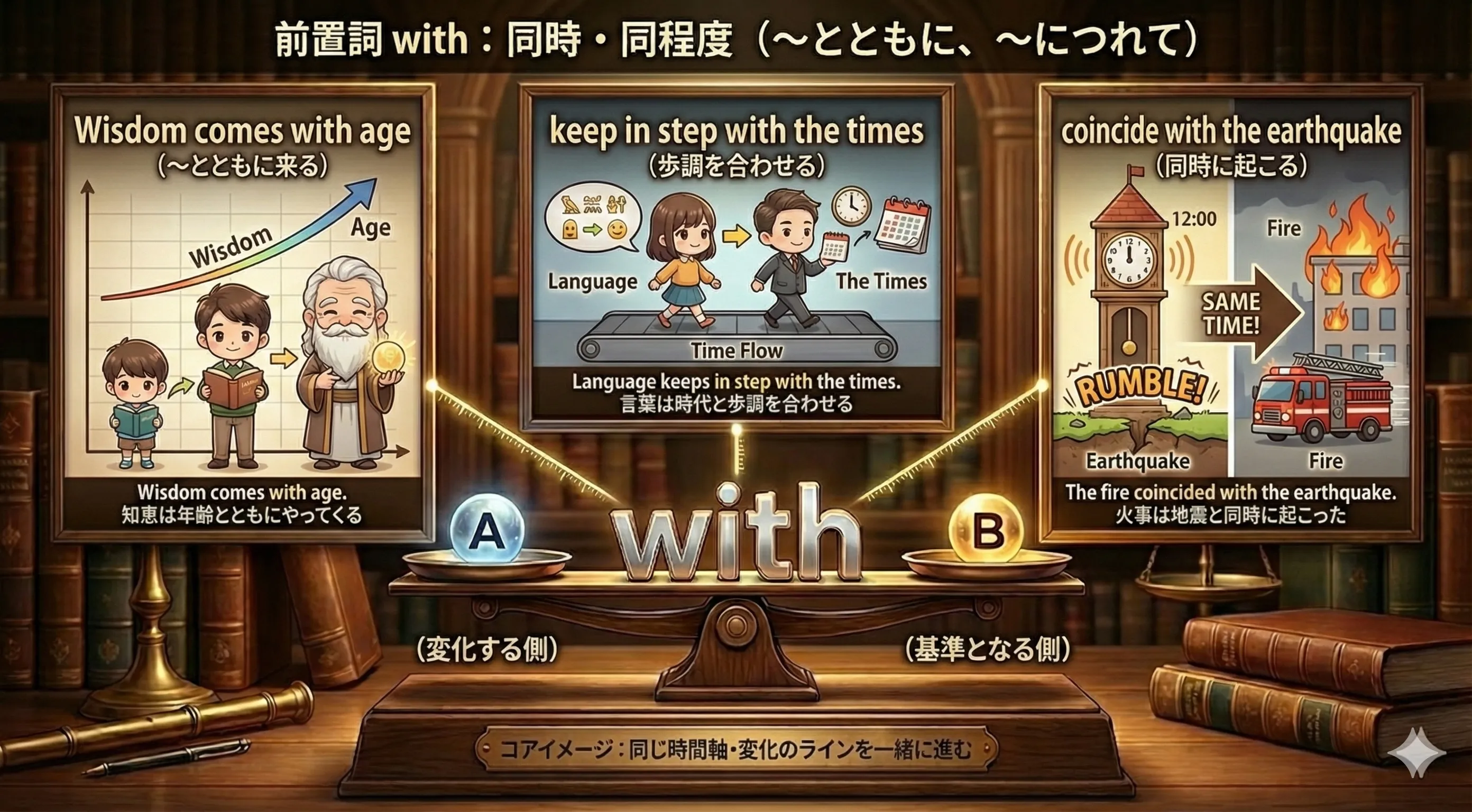 時間とともに2本の線グラフが一緒に上がり、年齢と知恵や、地震と火事が同時に起こるイメージ図
