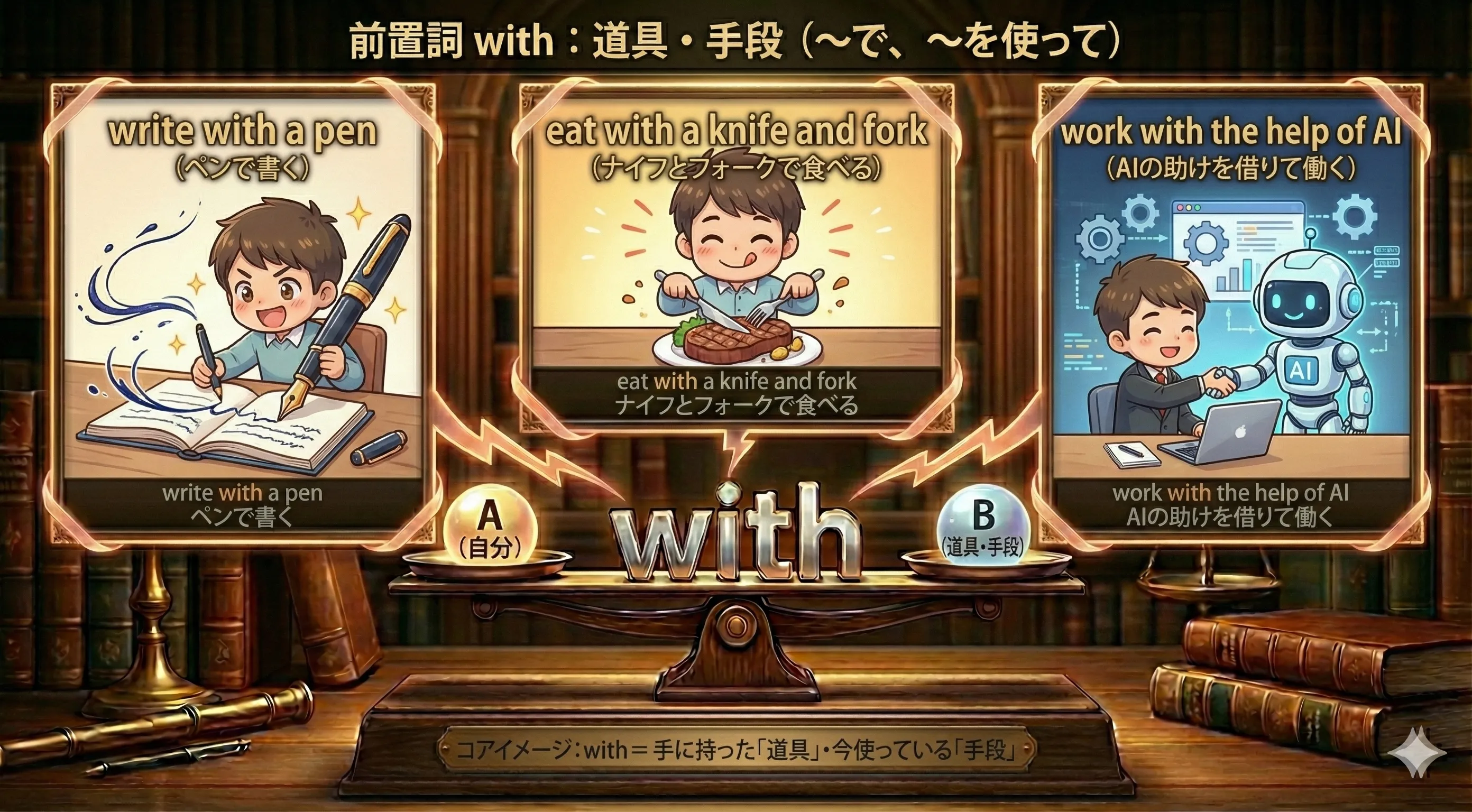 ペンでノートを書く人、ナイフとフォークで食事をする人、ノートPCで仕事をする人が並んだイメージ図