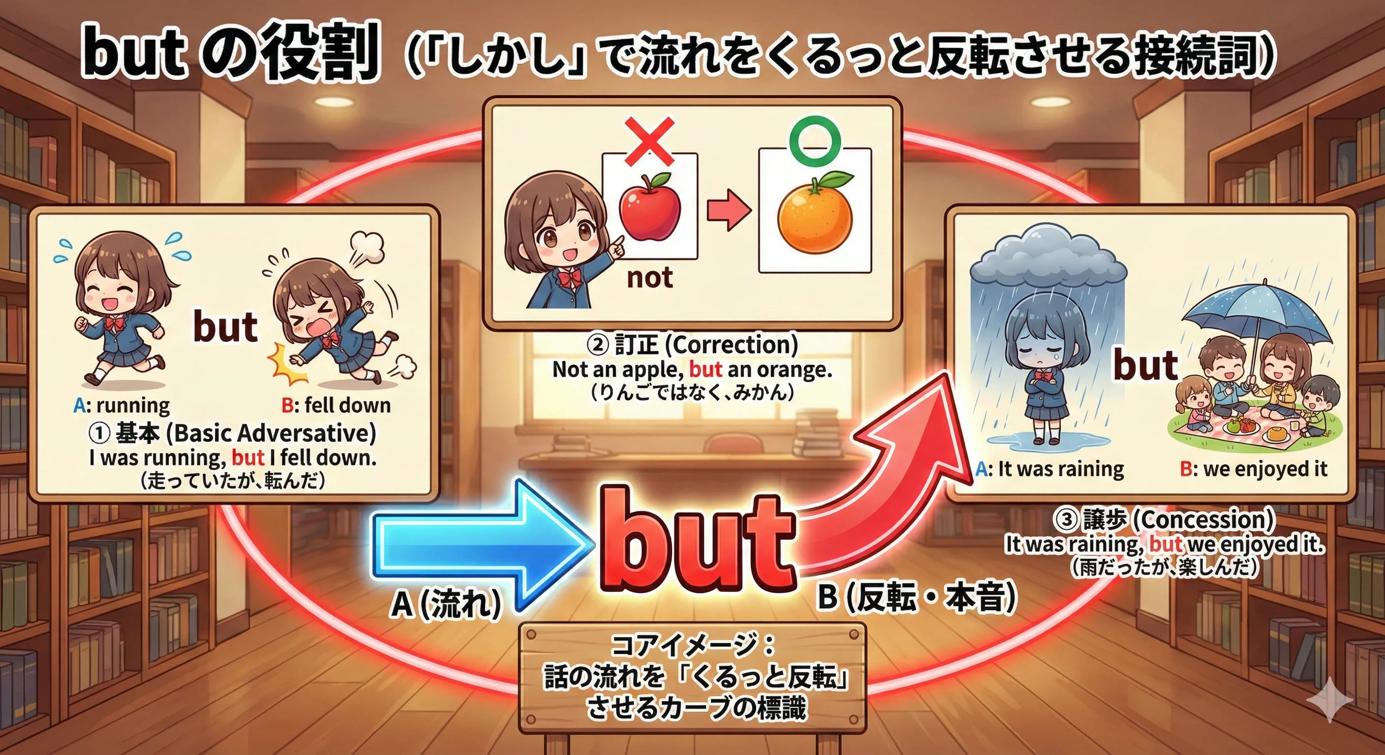 but で矢印の進行方向が曲がるイメージ図