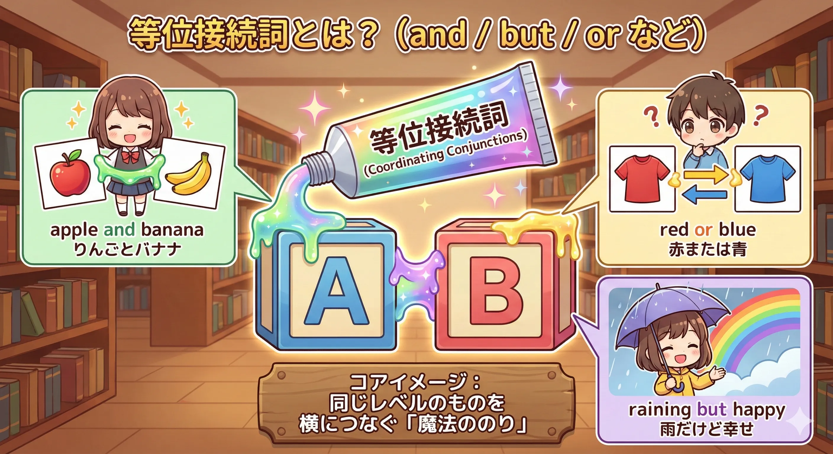 等位接続詞 and, but, or などで文をつなぐイメージ図