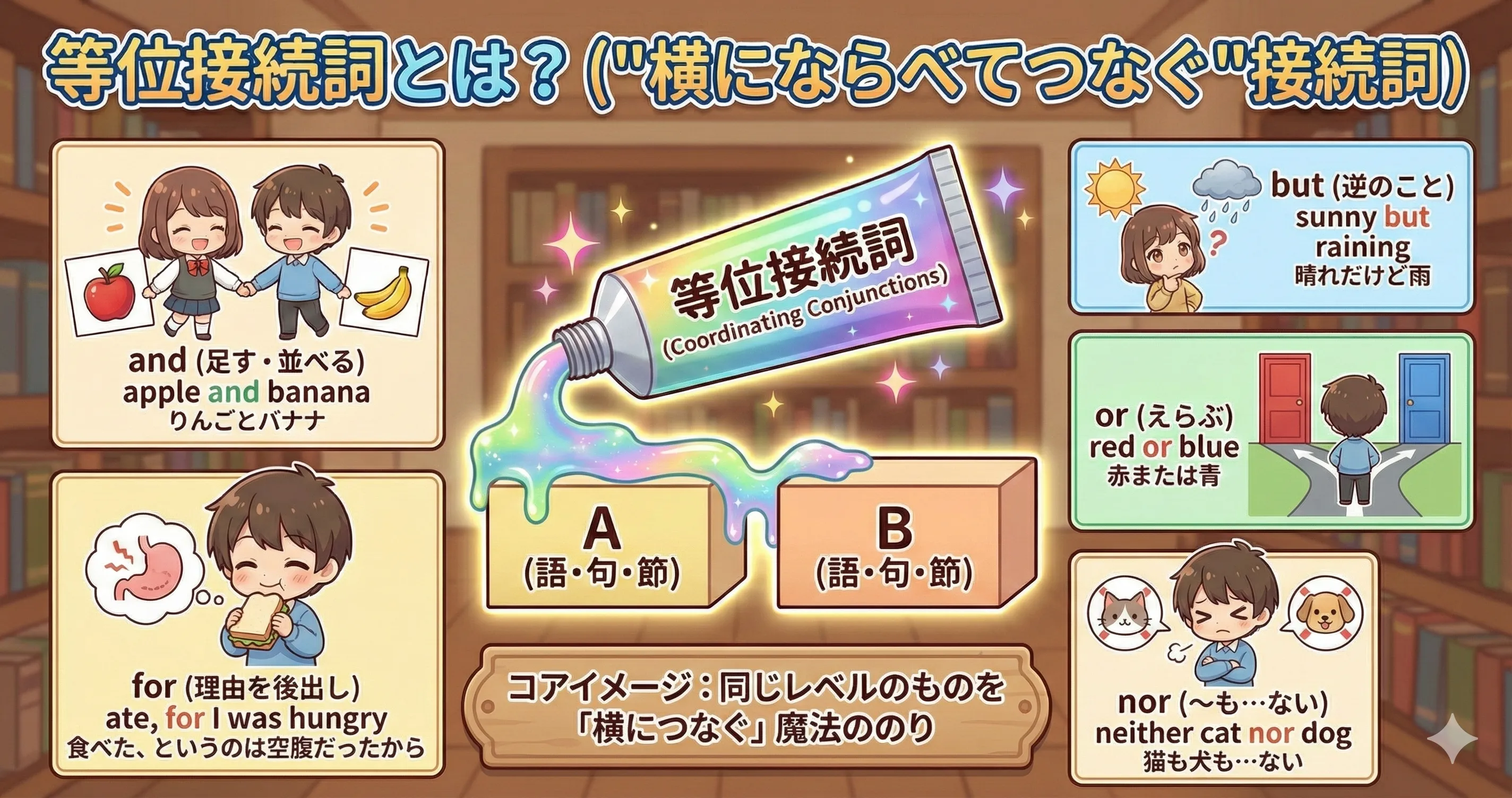 A と B を横に並べてつなぐ等位接続詞のイメージ図（A and B / A or B など）