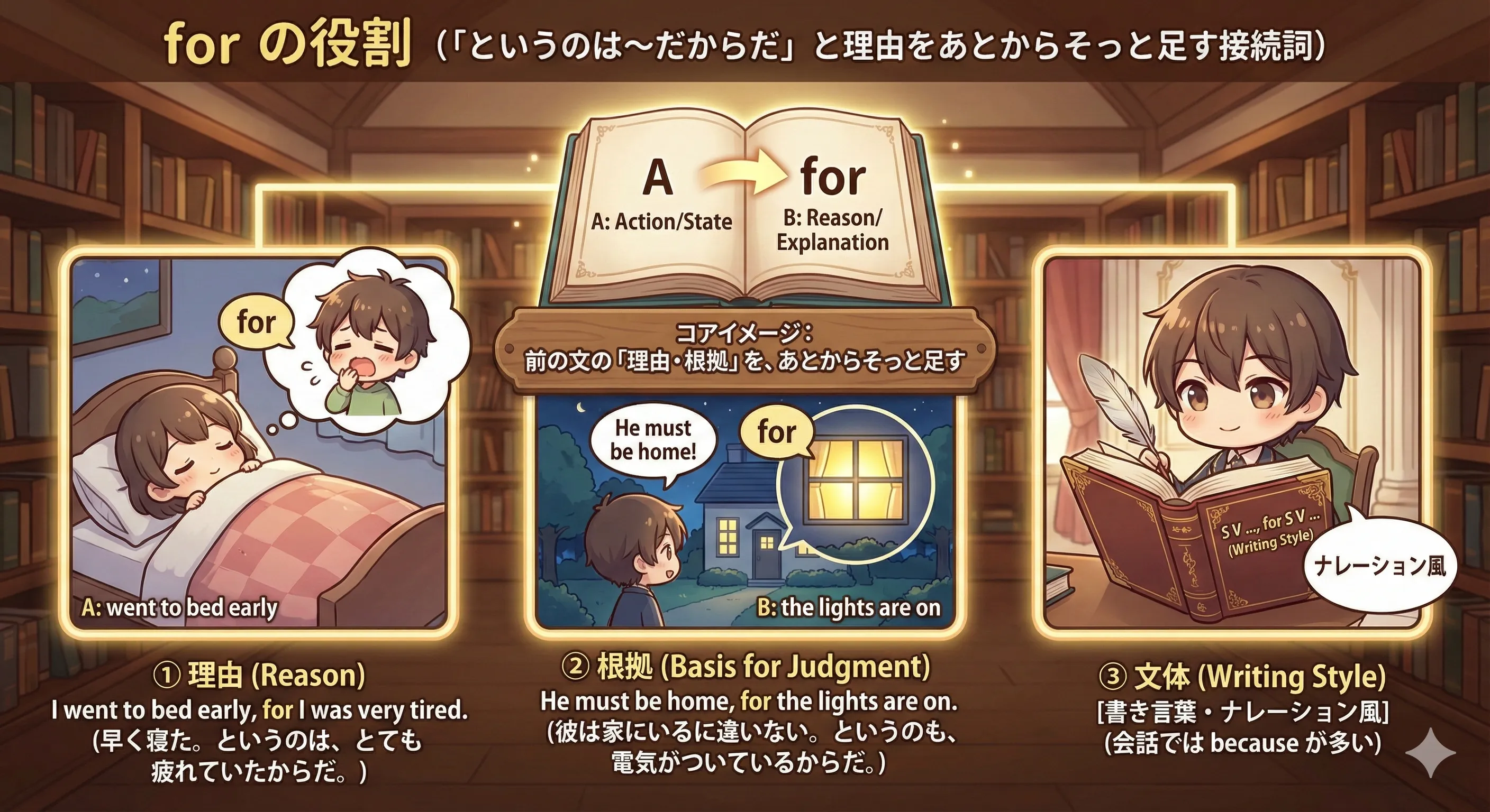 for でメイン文に理由の吹き出しが付くイメージ図