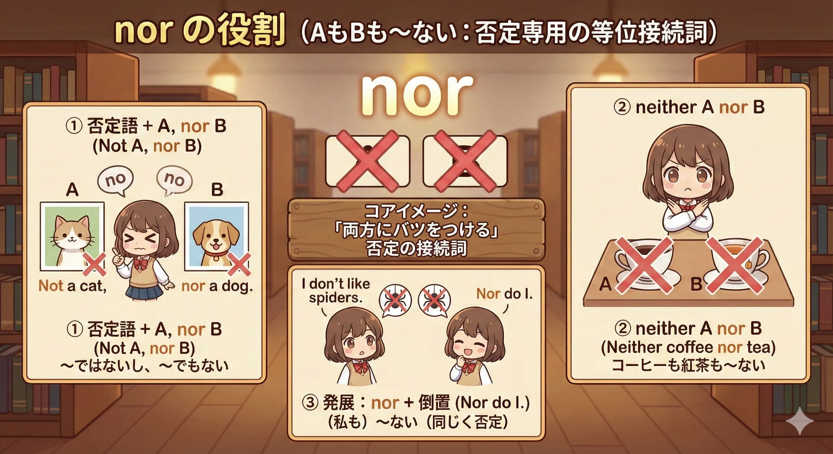 neither A nor B で AにもBにもバツが付いているイメージ図