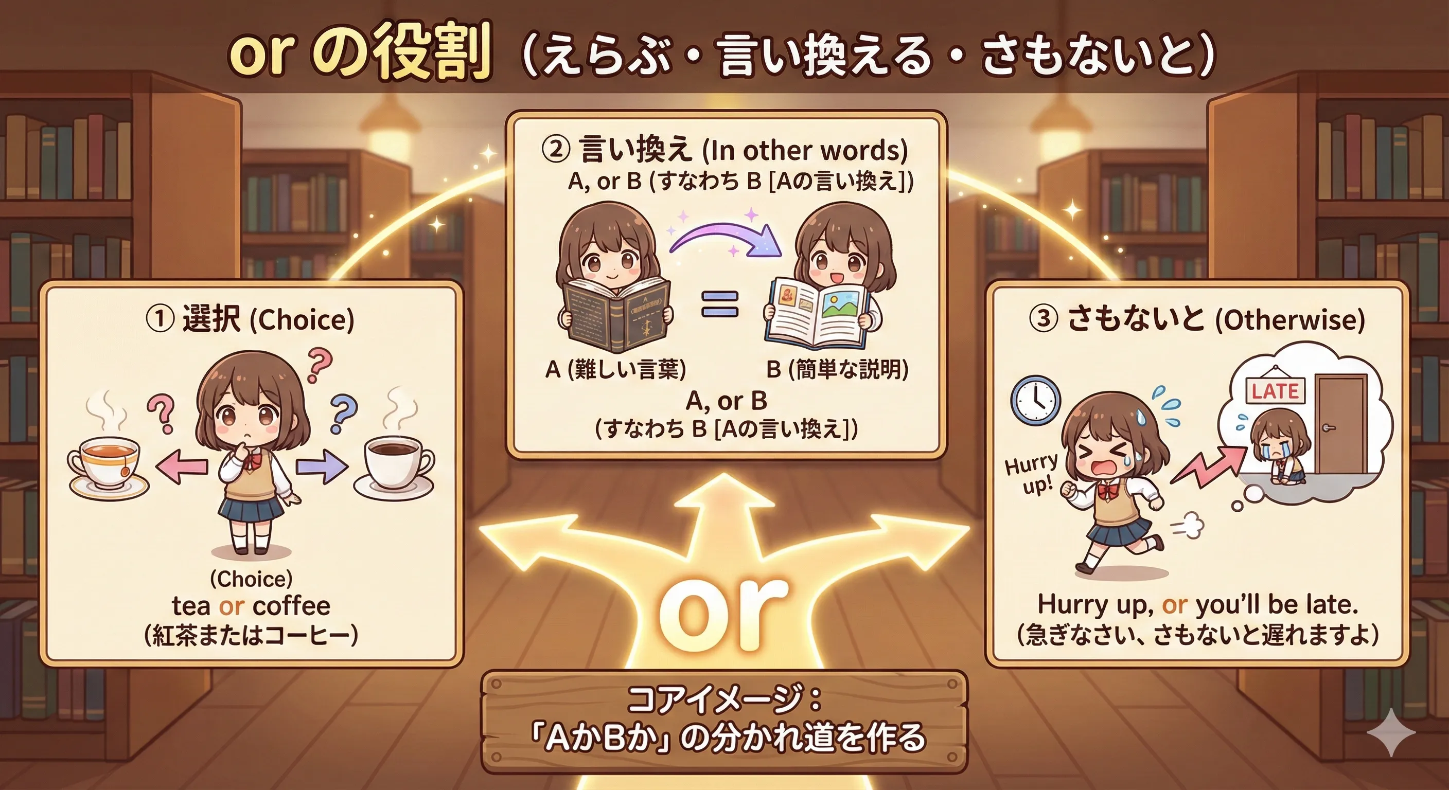 tea or coffee のように、2つの選択肢から1つを選ぶ or のイメージ図