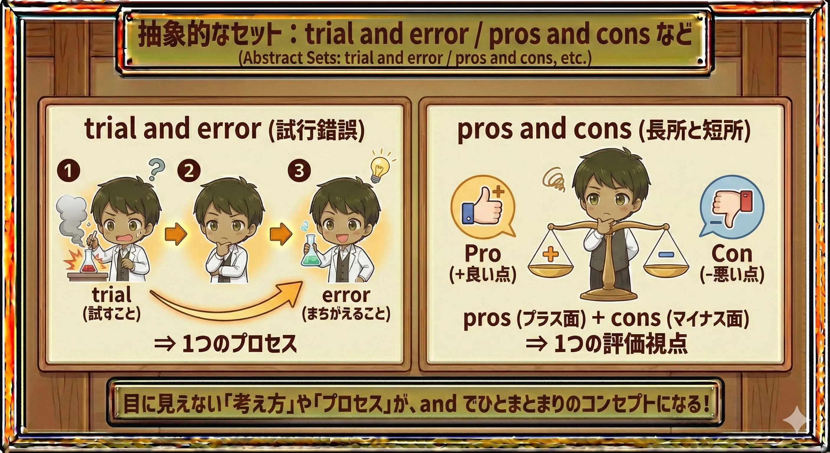 trial and error や pros and cons など、抽象的なセットを and でつなぐイメージイラスト