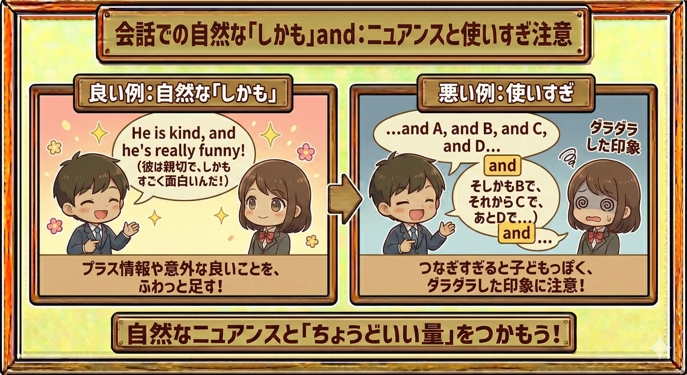 会話の中での「しかも」っぽい and と使いすぎ注意のイメージ図