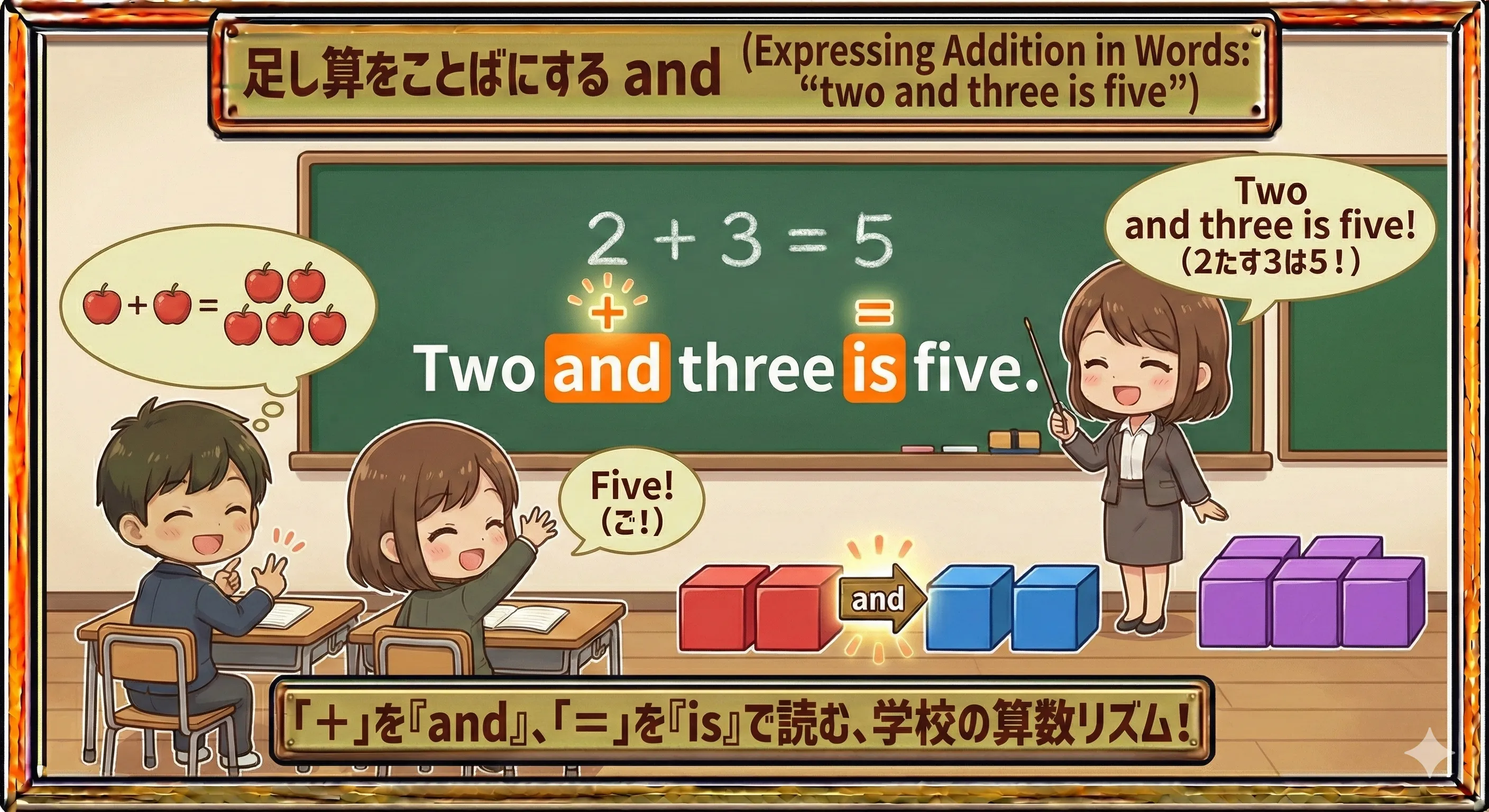 黒板の前で two and three is five と読み上げているイメージのイラスト