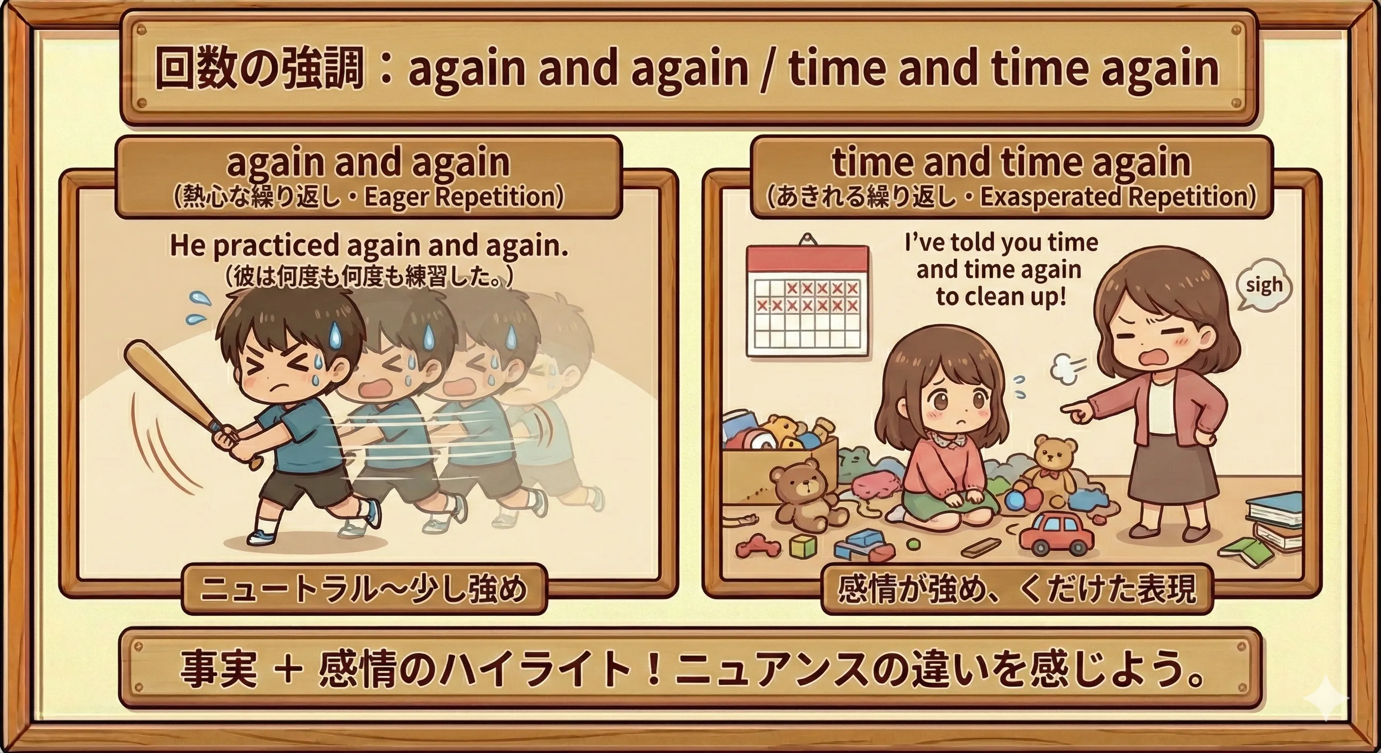 again and again / time and time again で回数を強調するイメージ図