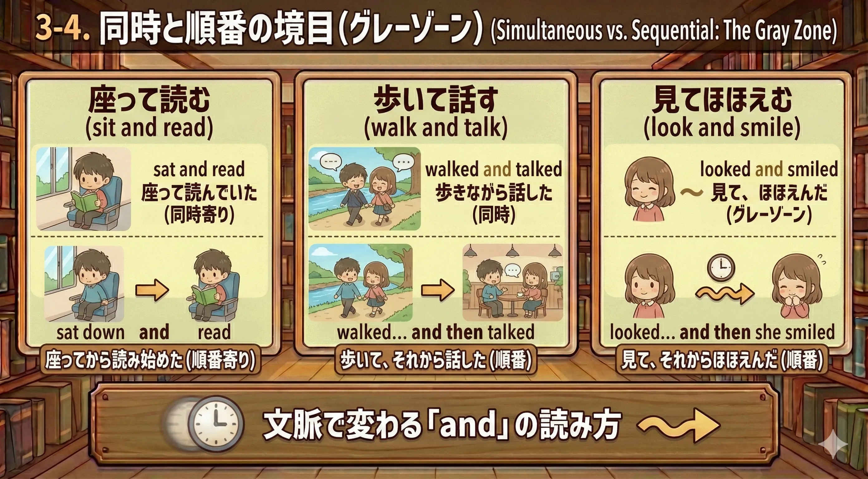 同時と順番の境目を示す道の分かれ目のイメージ図