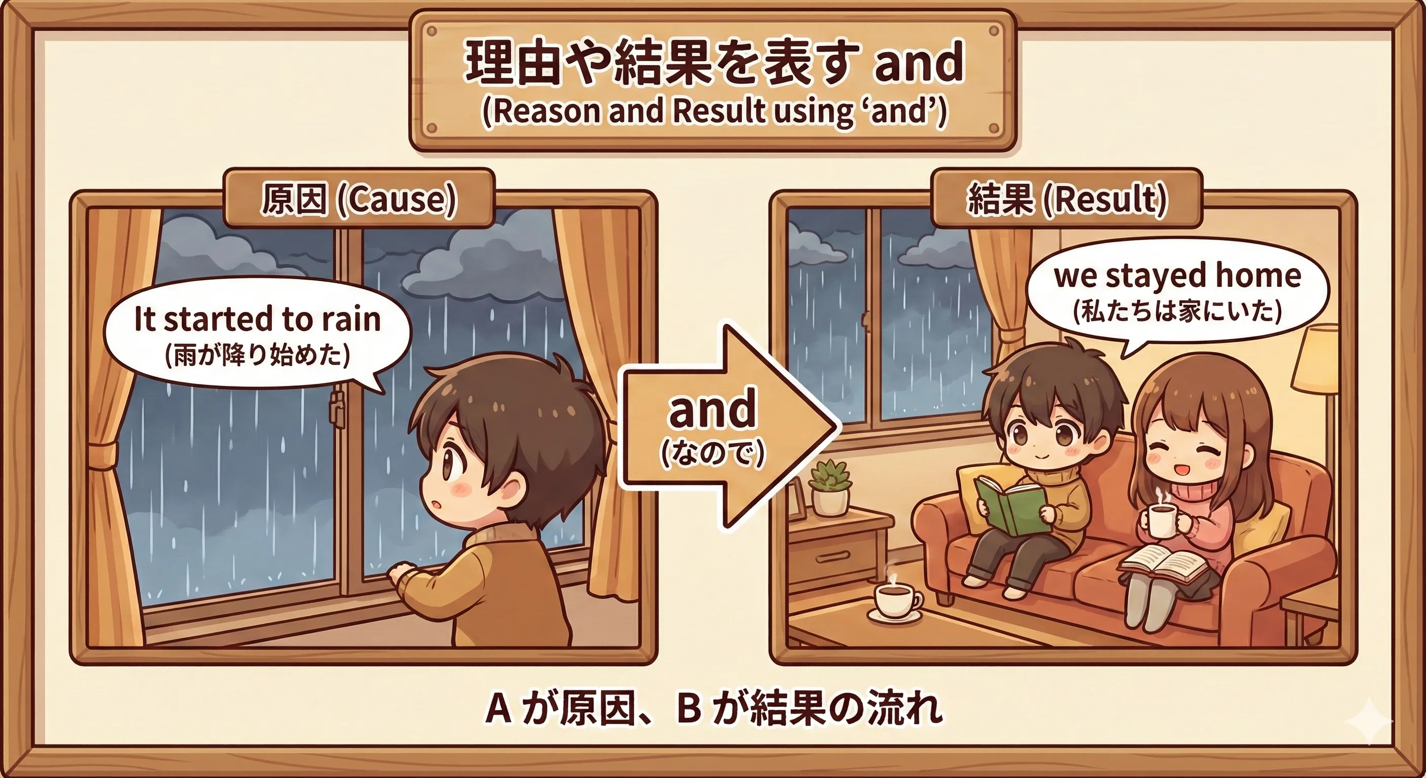 and が理由と結果をつなぐイメージ図（原因Aから結果Bへ矢印が伸びる）