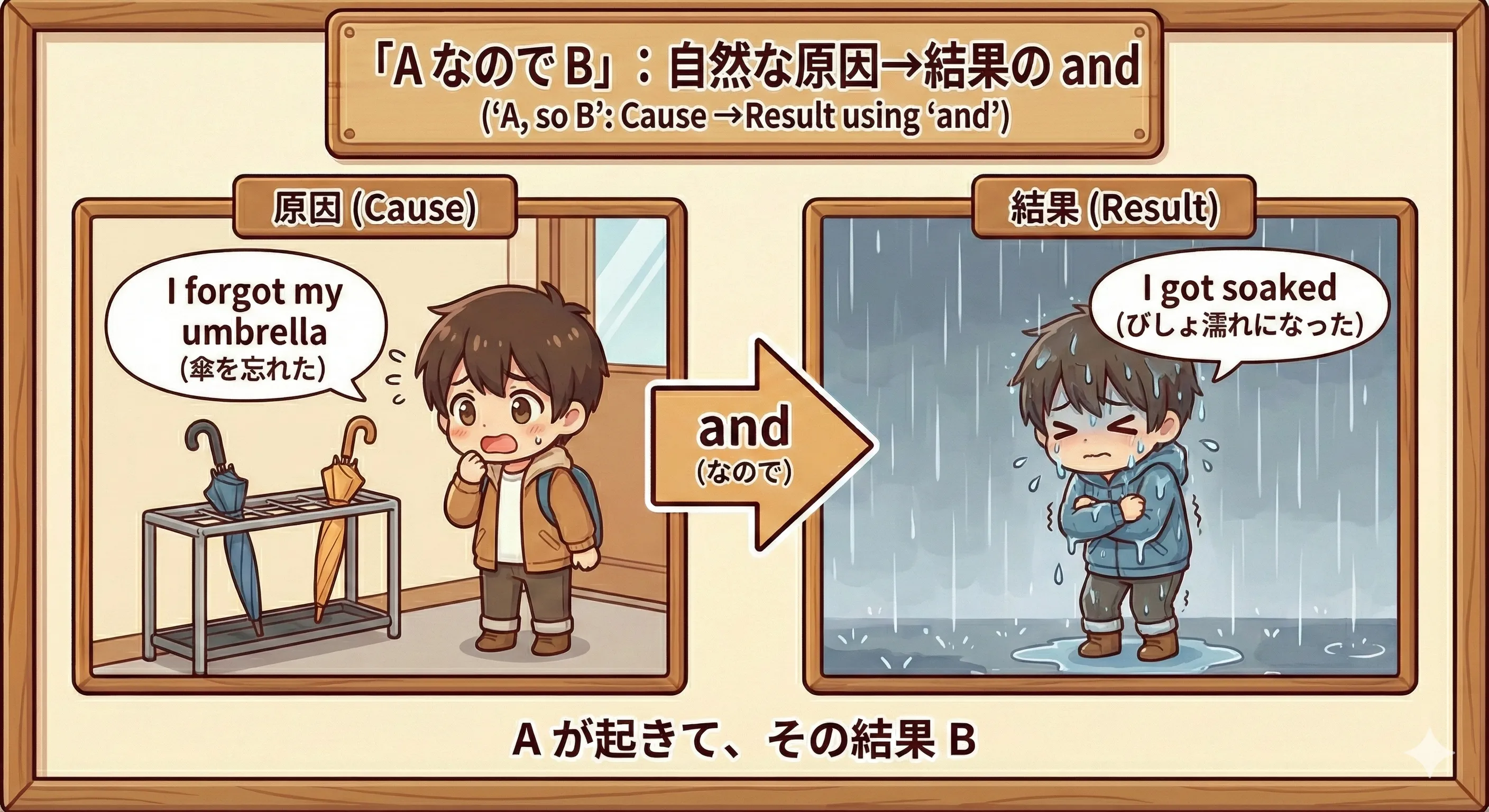 原因Aから結果Bへ、and がつなぐイメージ図