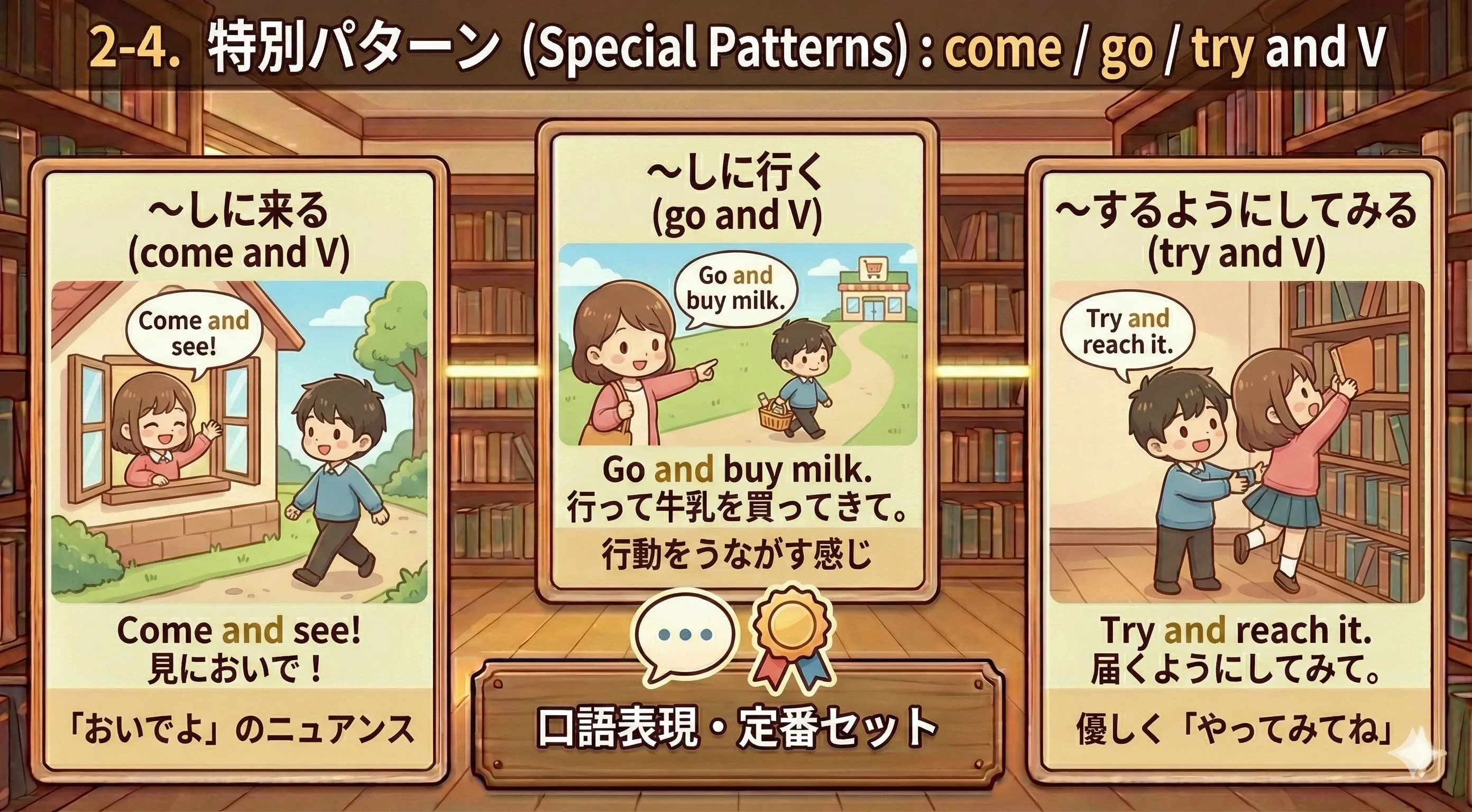 come and / go and / try and を使った会話シーンのイメージ図