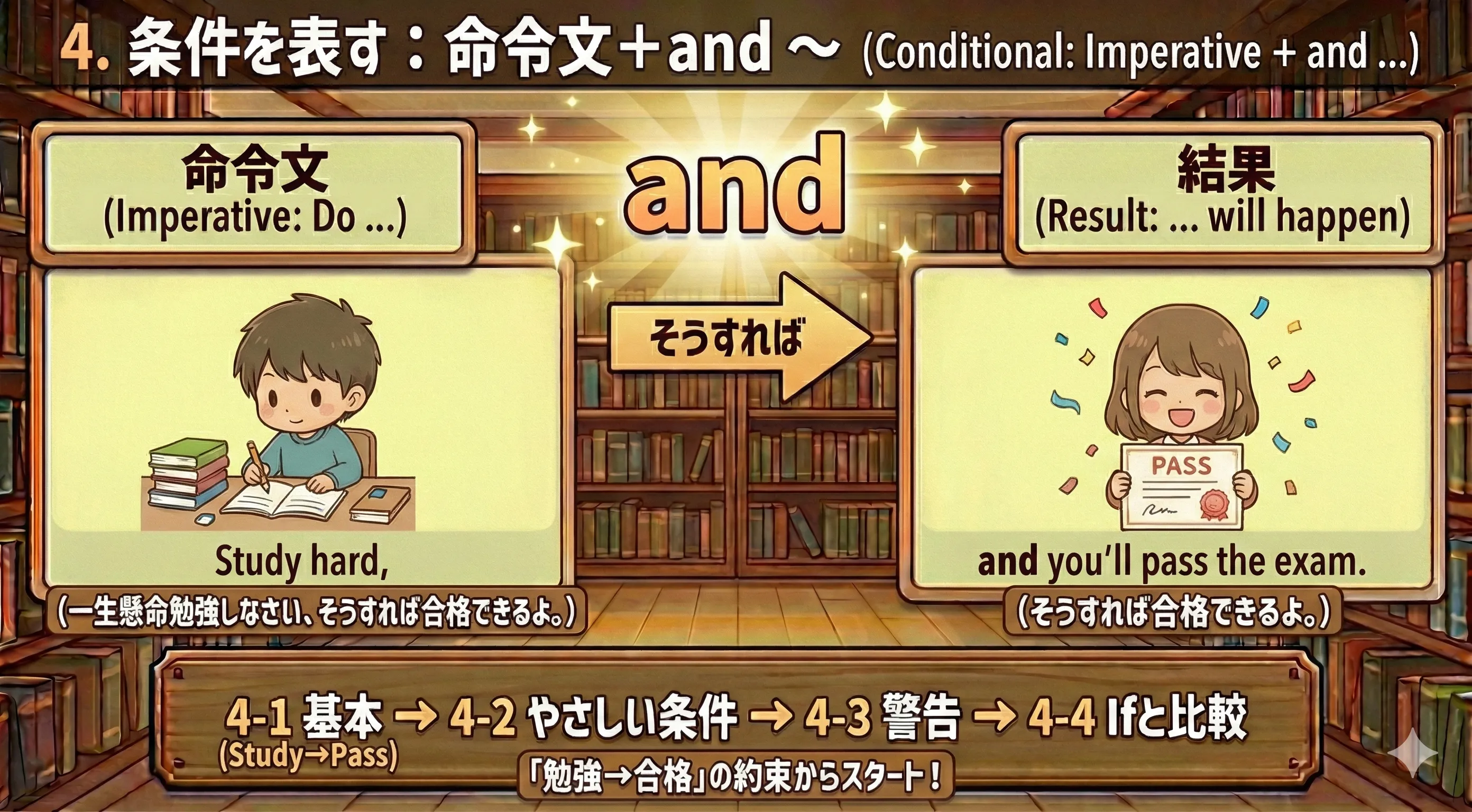 命令文と結果をつなぐ and をスイッチと結果で表したイメージ図