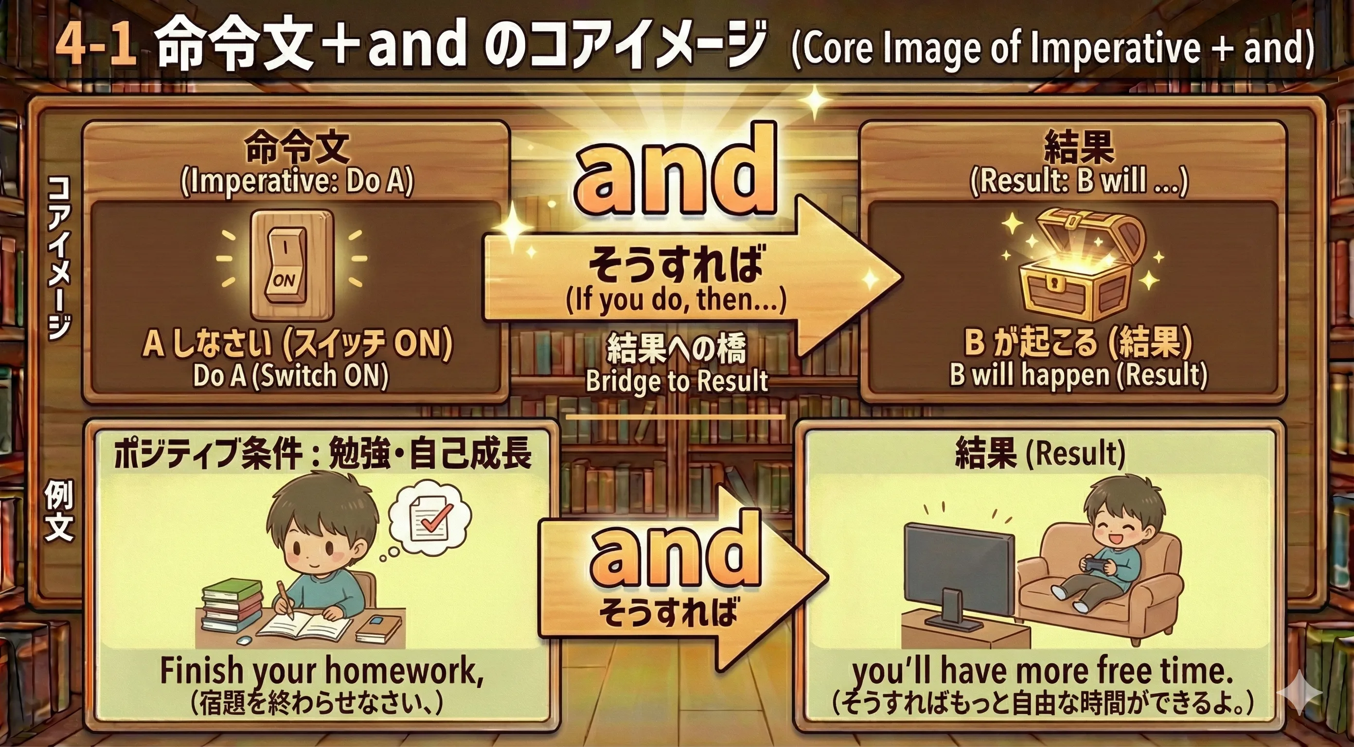 命令文（スイッチ）と結果を橋のように結ぶ and のイメージ図